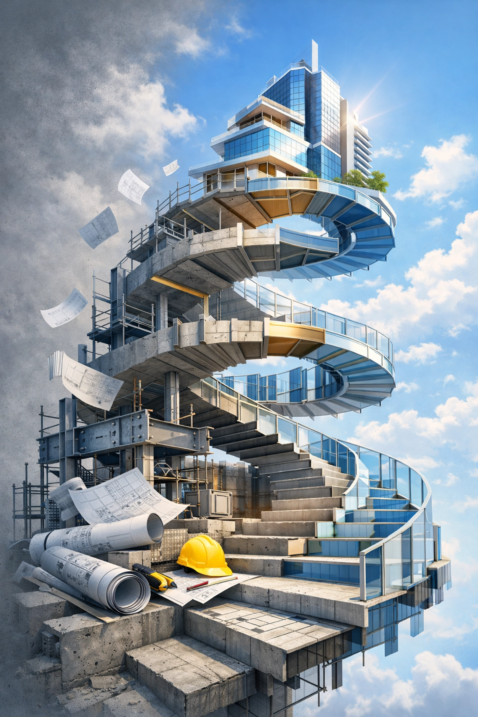 Construction blueprints transforming into completed building symbolizing ground-up development investments