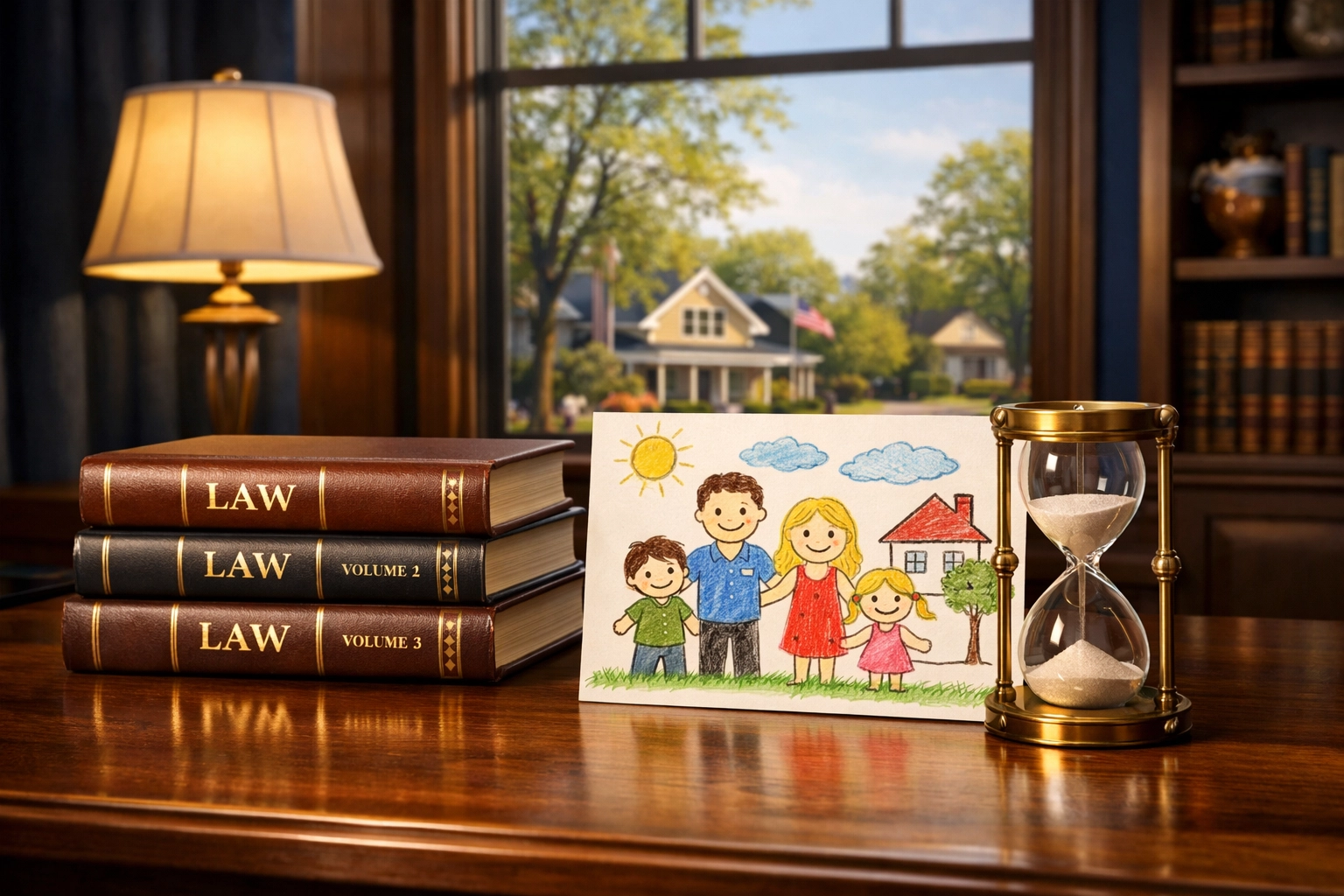 Legal books and a child's drawing illustrating how a guardian ad litem protects Indiana families.