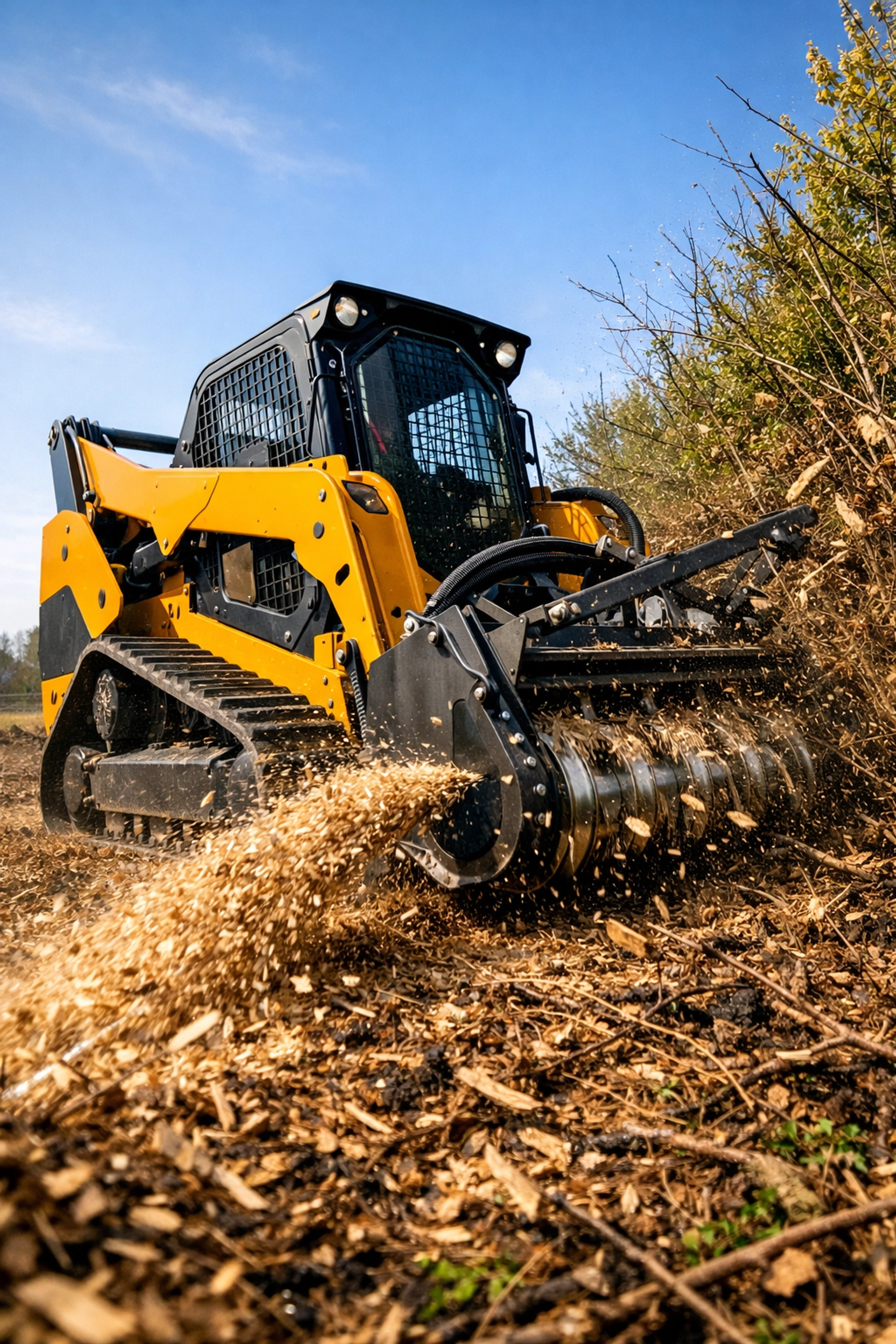 Industrial skid steer with a brush mulcher attachment clearing heavy vegetation.
