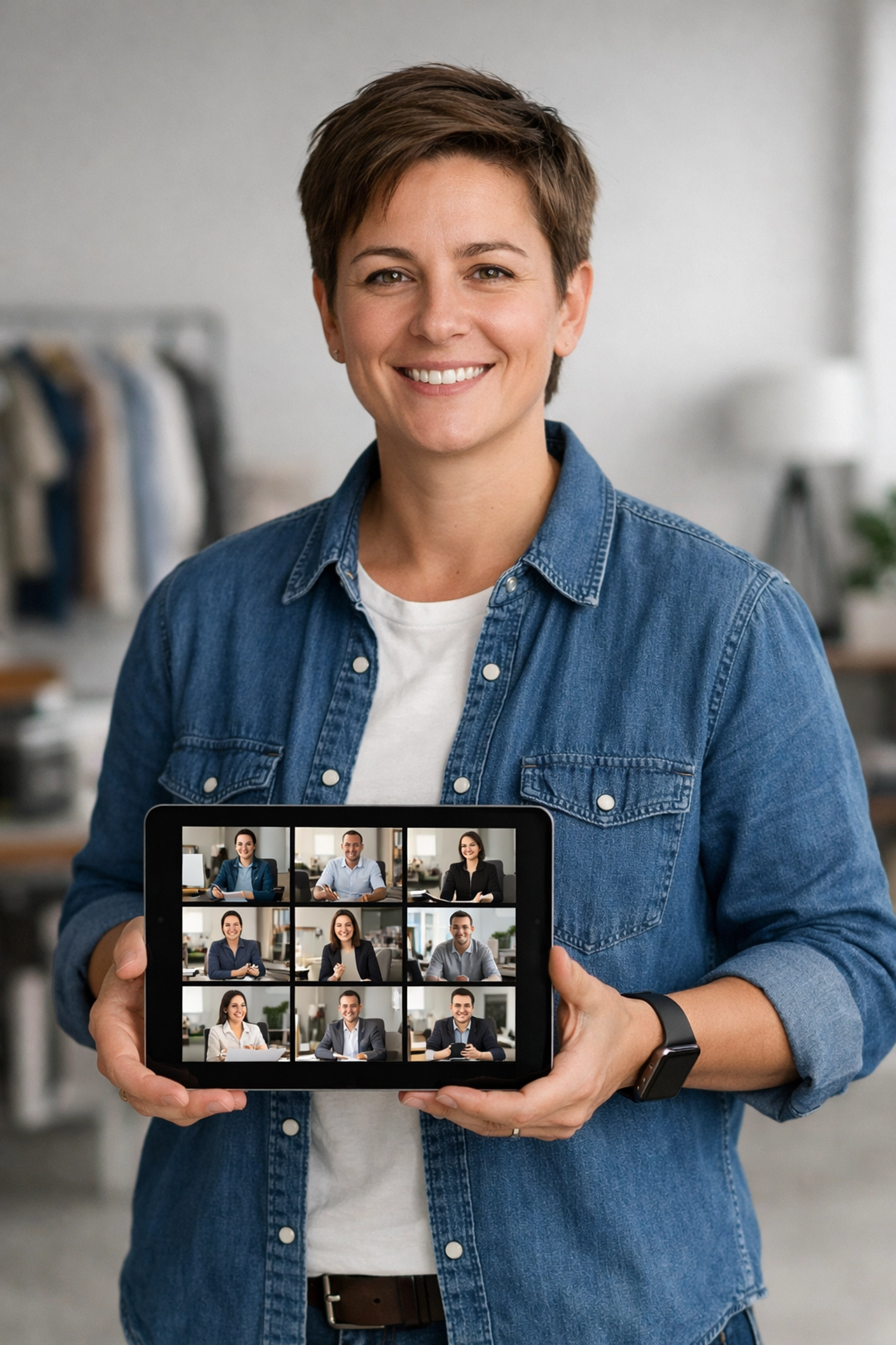 Smiling business owner managing video content on a tablet for affordable social media marketing.