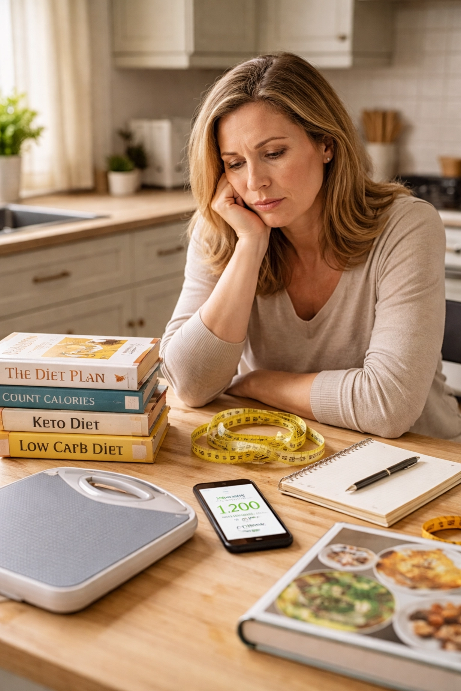 Frustrated woman surrounded by diet tools at home, showing the struggle of DIY weight loss attempts in 2026.