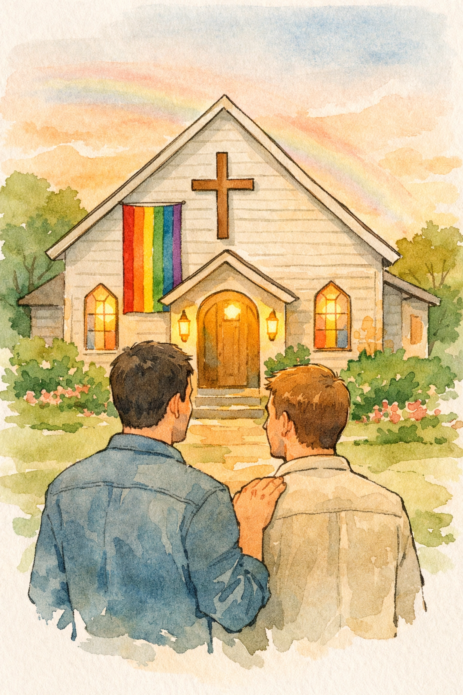 Two gay men approaching welcoming LGBTQ+ church with rainbow flag at entrance