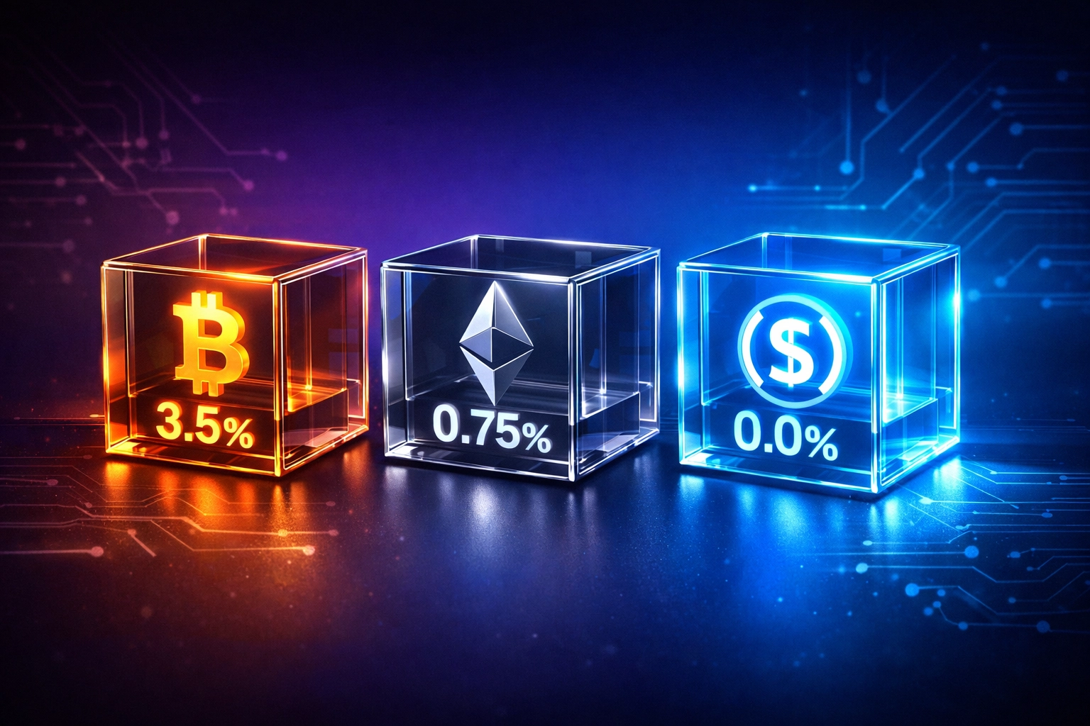 Crypto payment fee comparison showing declining merchant interchange rates from 3.5% to gas-only fees