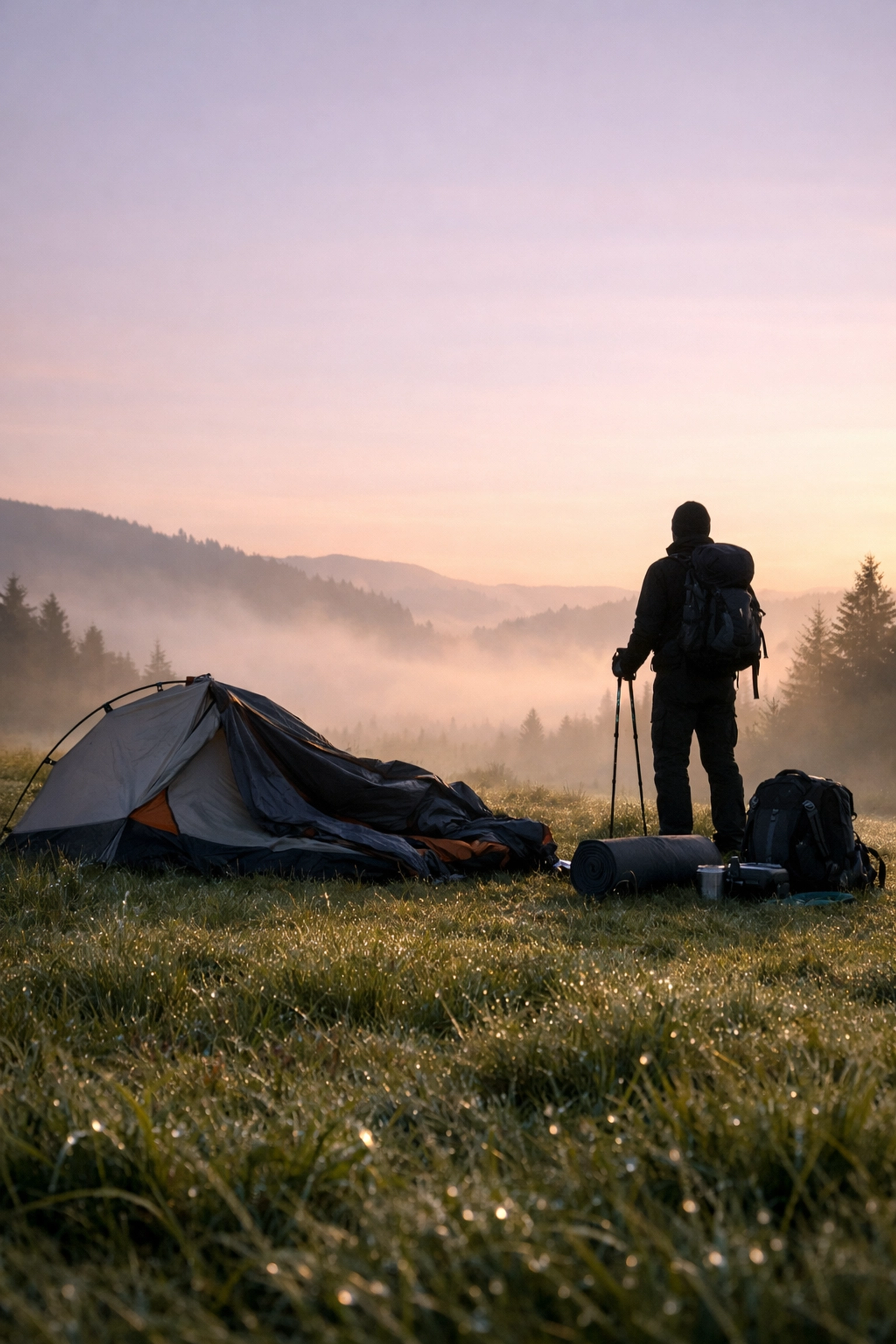 Silhouetted hiker packing up a wild camping site at dawn in the misty British countryside.