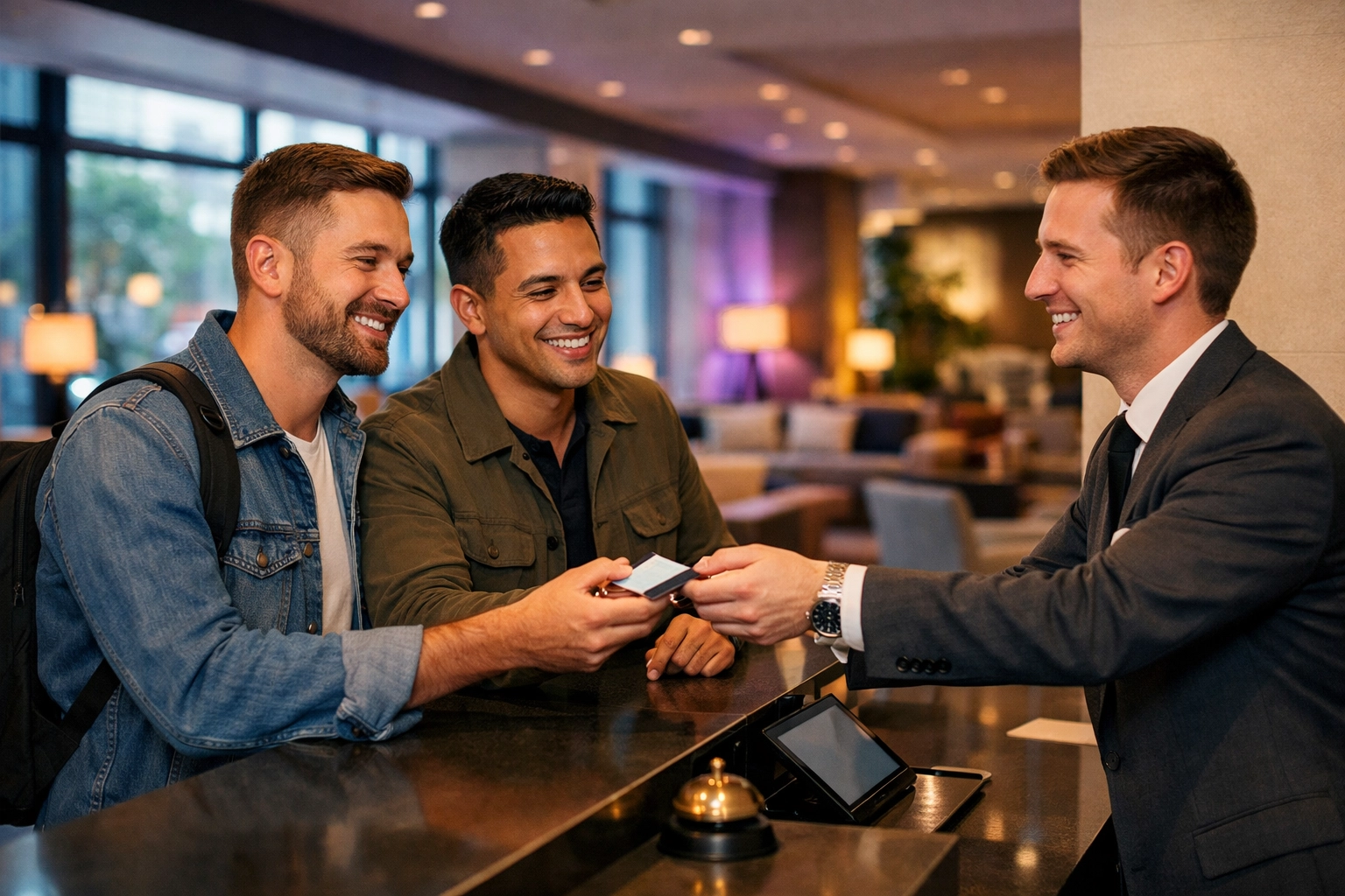 Gay couple checking in at LGBTQ-friendly hotel with welcoming staff