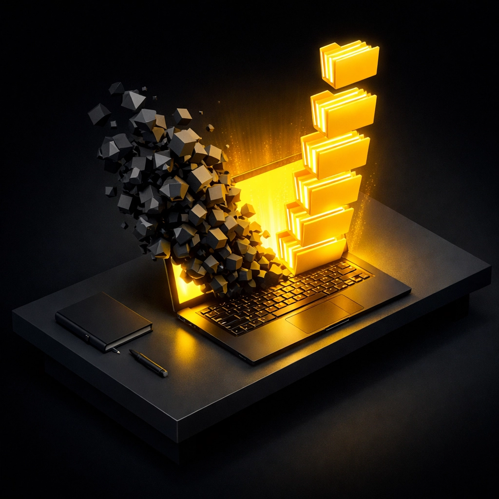 Clean real estate CRM data dashboard transforming messy lead information into organized digital folders.