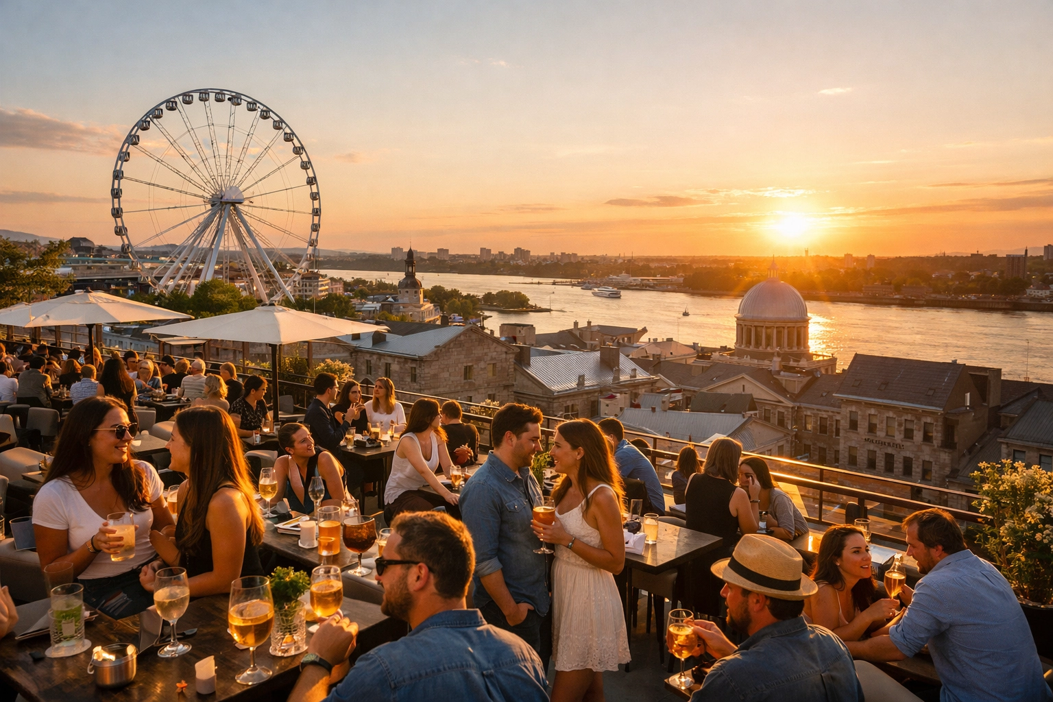 Rooftop dining at Terrasse William Gray with views of the Montreal Ferris wheel and Old Port at sunset.