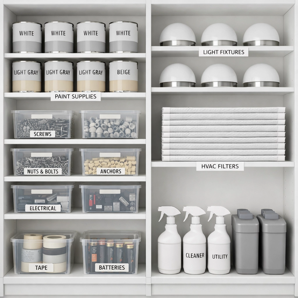 Organized maintenance supply closet with standardized paint, fixtures, and apartment turnover materials