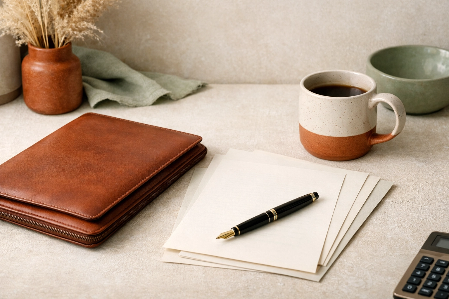 Spousal support in Virginia planning workspace with legal documents in a warm terracotta, sage, and cream Business Boho office setting.
