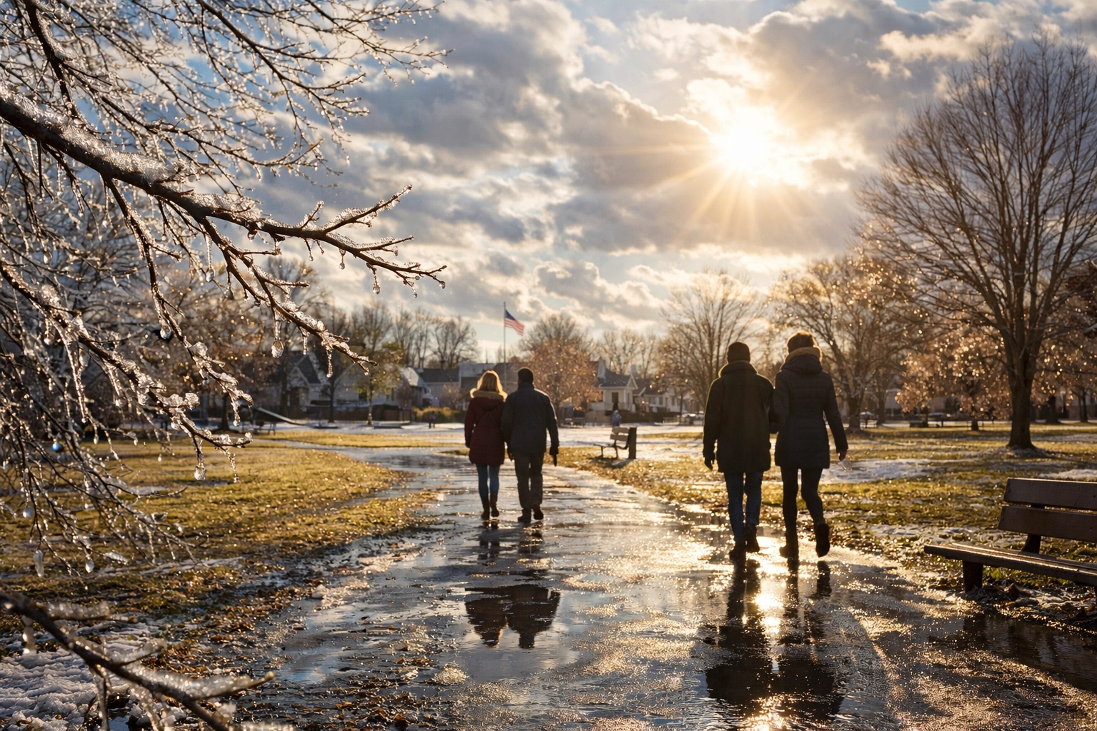 Thawing winter afternoon in Maryland as sunlight returns and ice begins to melt from tree branches