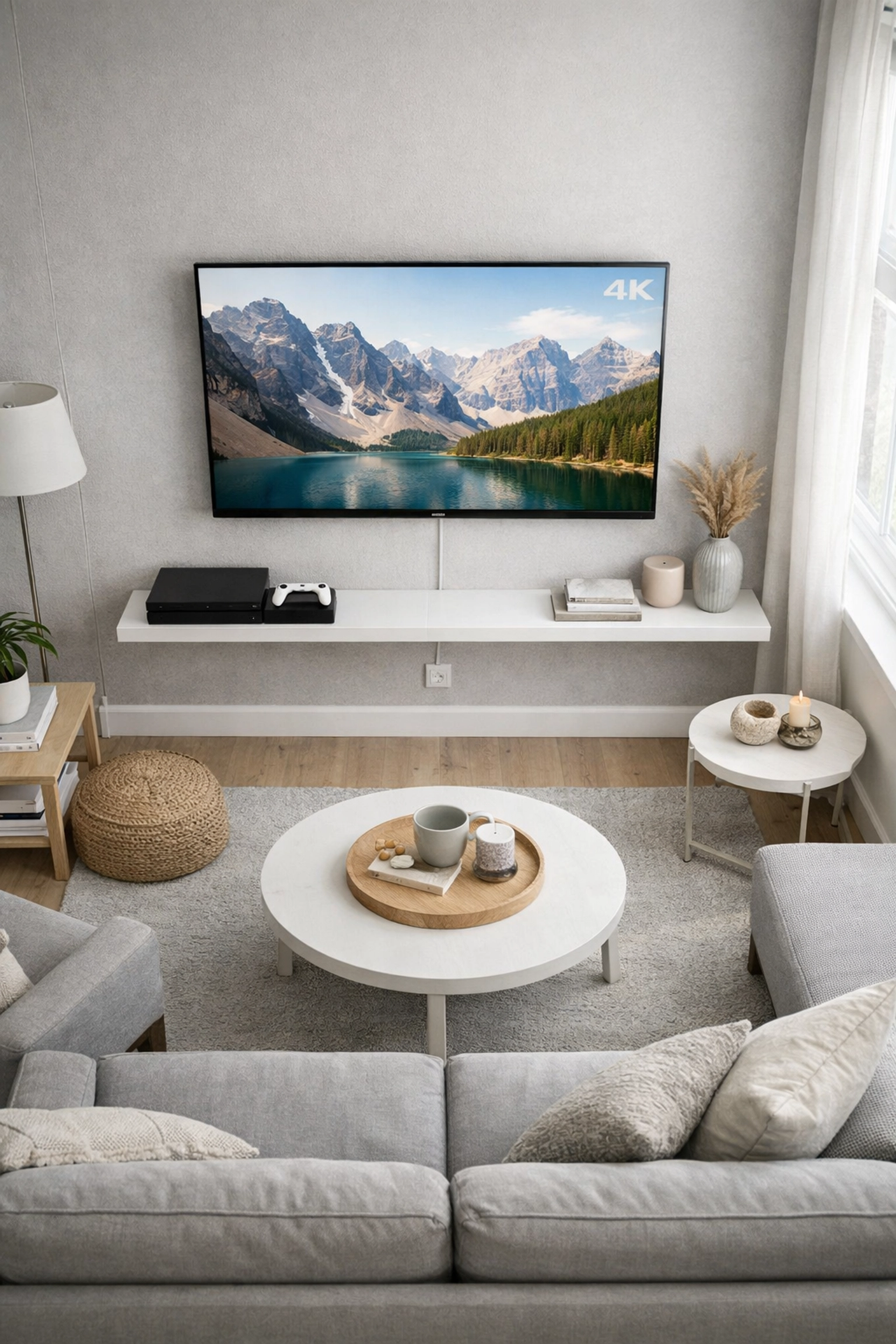 Hardwired entertainment devices with ethernet connections in modern smart home living room