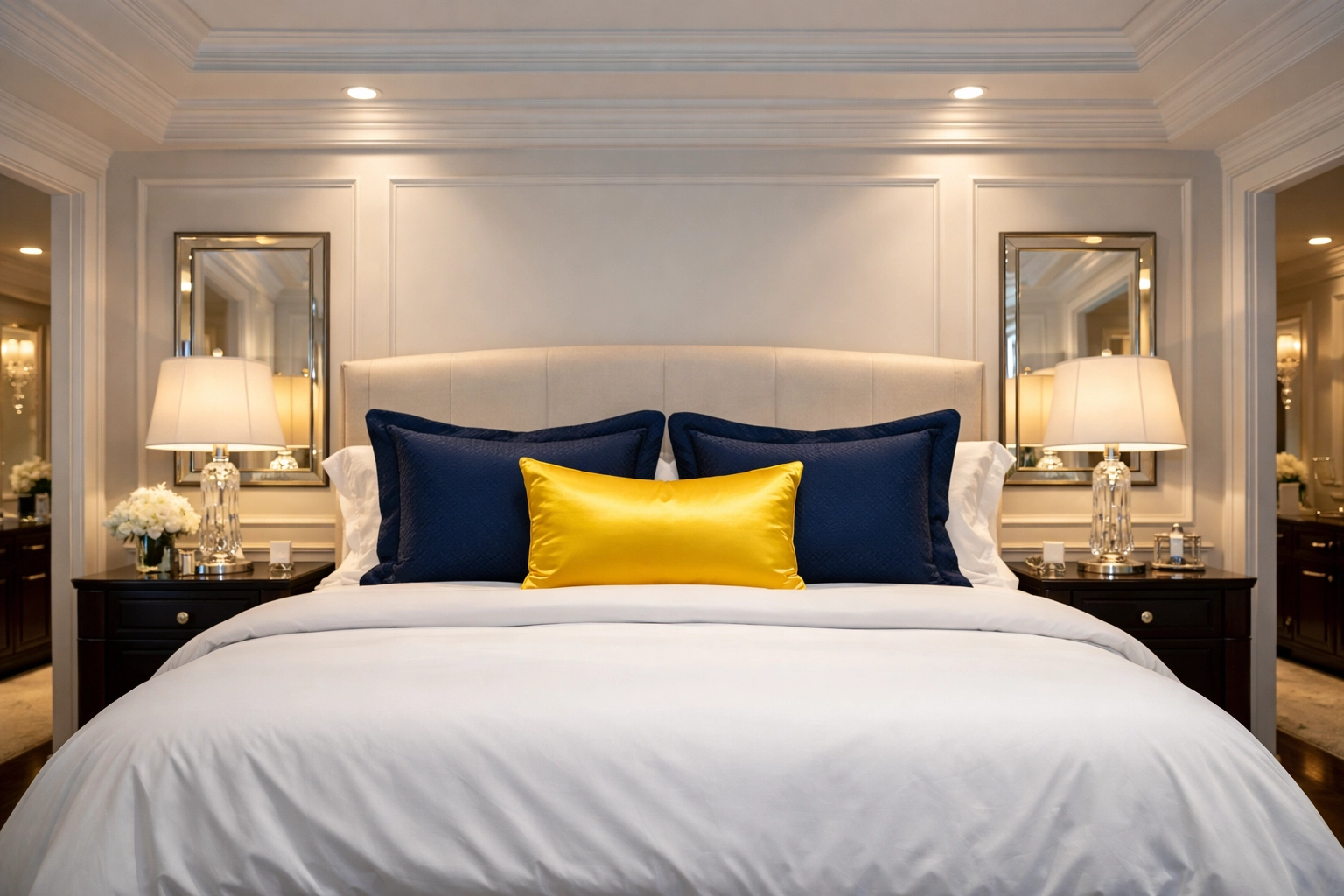 Elite bedroom suite in Foxborough with crisp linens and sparkling surfaces from recurring cleaning services.