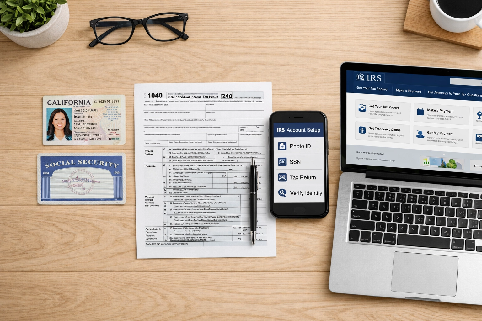 Required documents for IRS online account setup including driver's license, tax return, and laptop