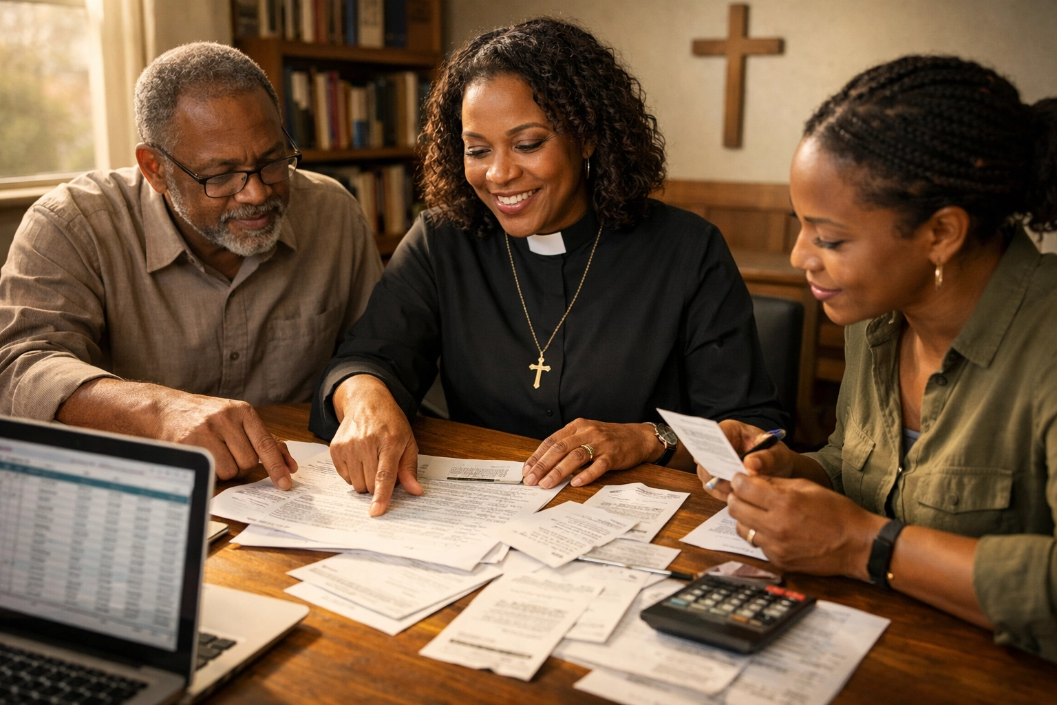 Church staff reviewing spending patterns and financial documents to identify local vendor opportunities
