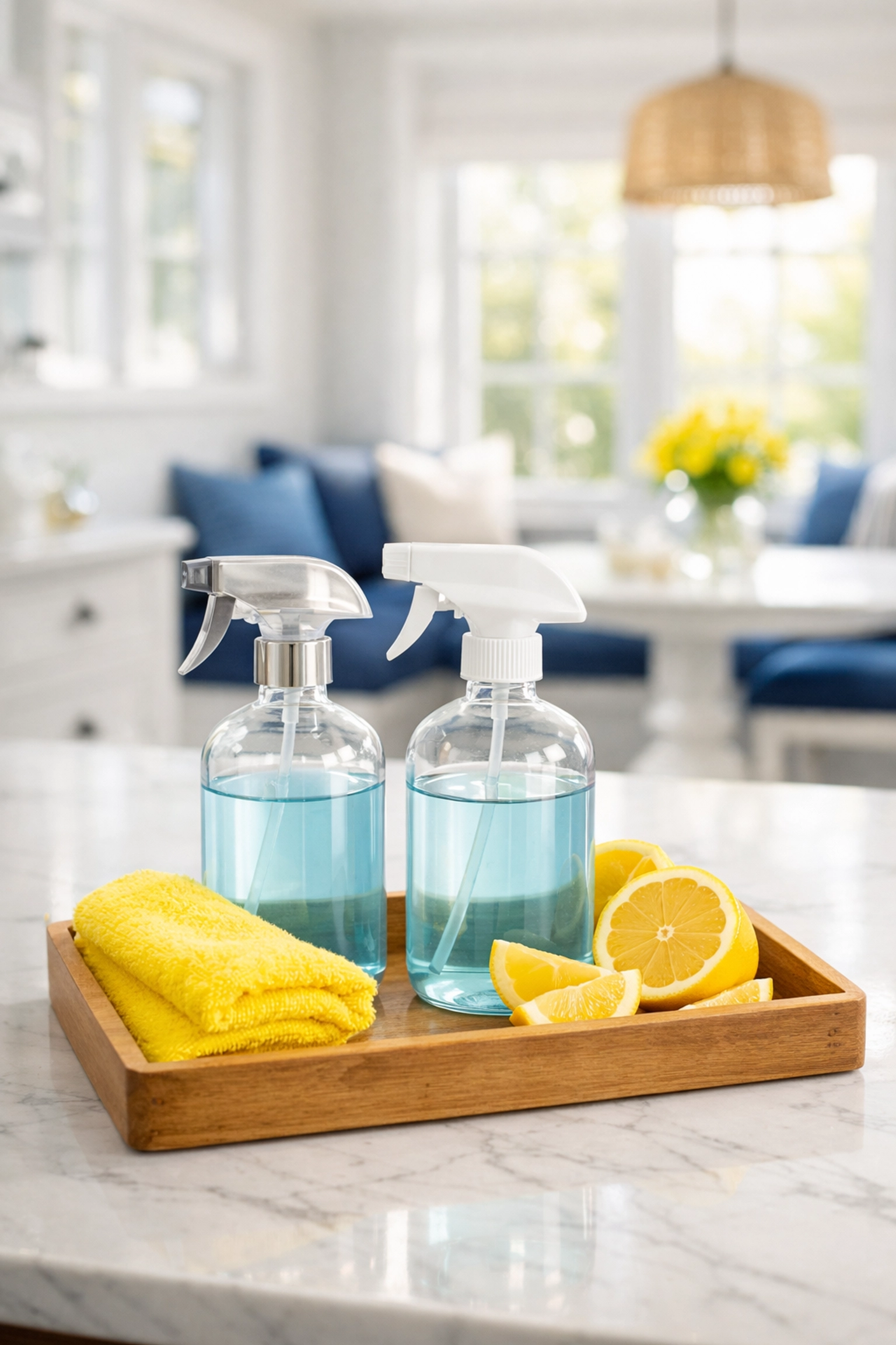 Eco-friendly cleaning supplies and microfiber cloth used by professional cleaners in Hopkinton on a marble counter.