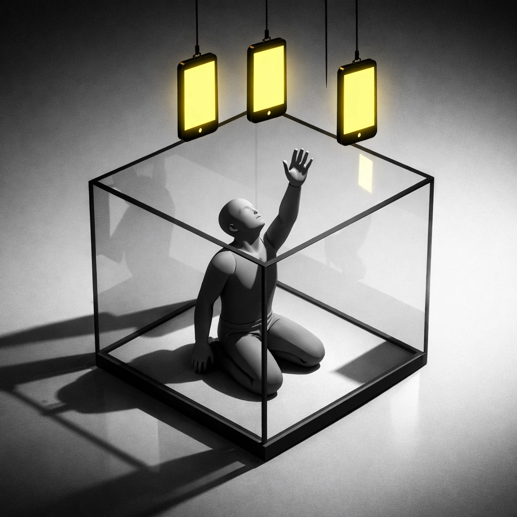 Person trapped reaching for smartphone screens illustrating social media addiction and brain rot cycle