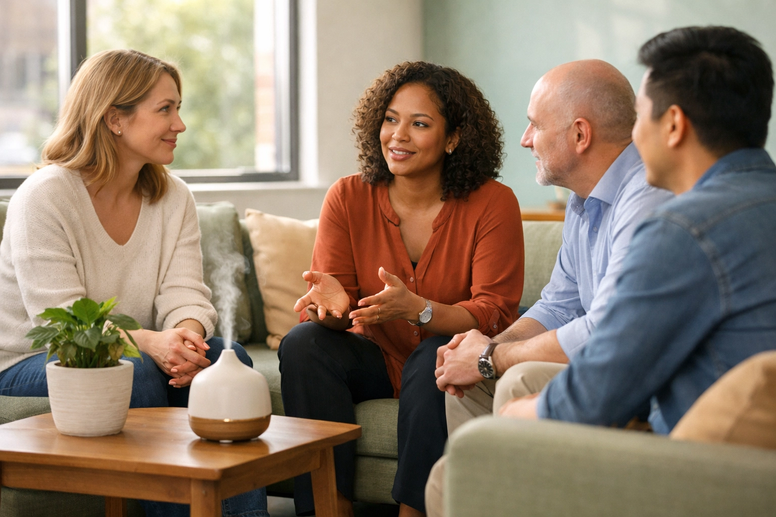 Coworkers having a supportive conversation in a trauma-informed office lounge with aromatherapy diffuser