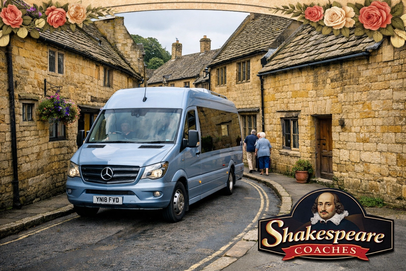 Shakespeare Coaches Mercedes minibus driving past historic honey-stone cottages on a narrow Chipping Campden street.