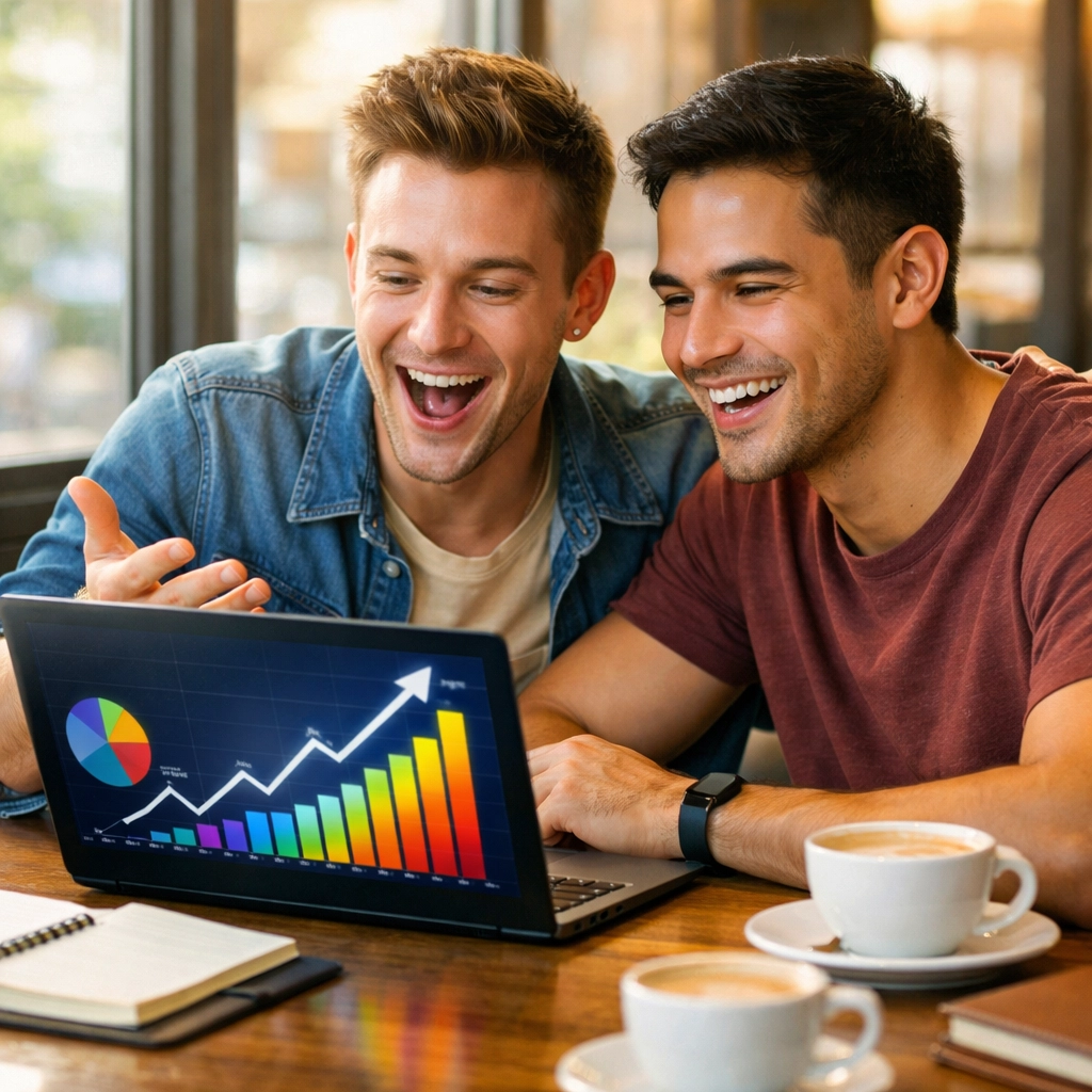 Gay authors celebrating increased earnings and financial success from higher royalties