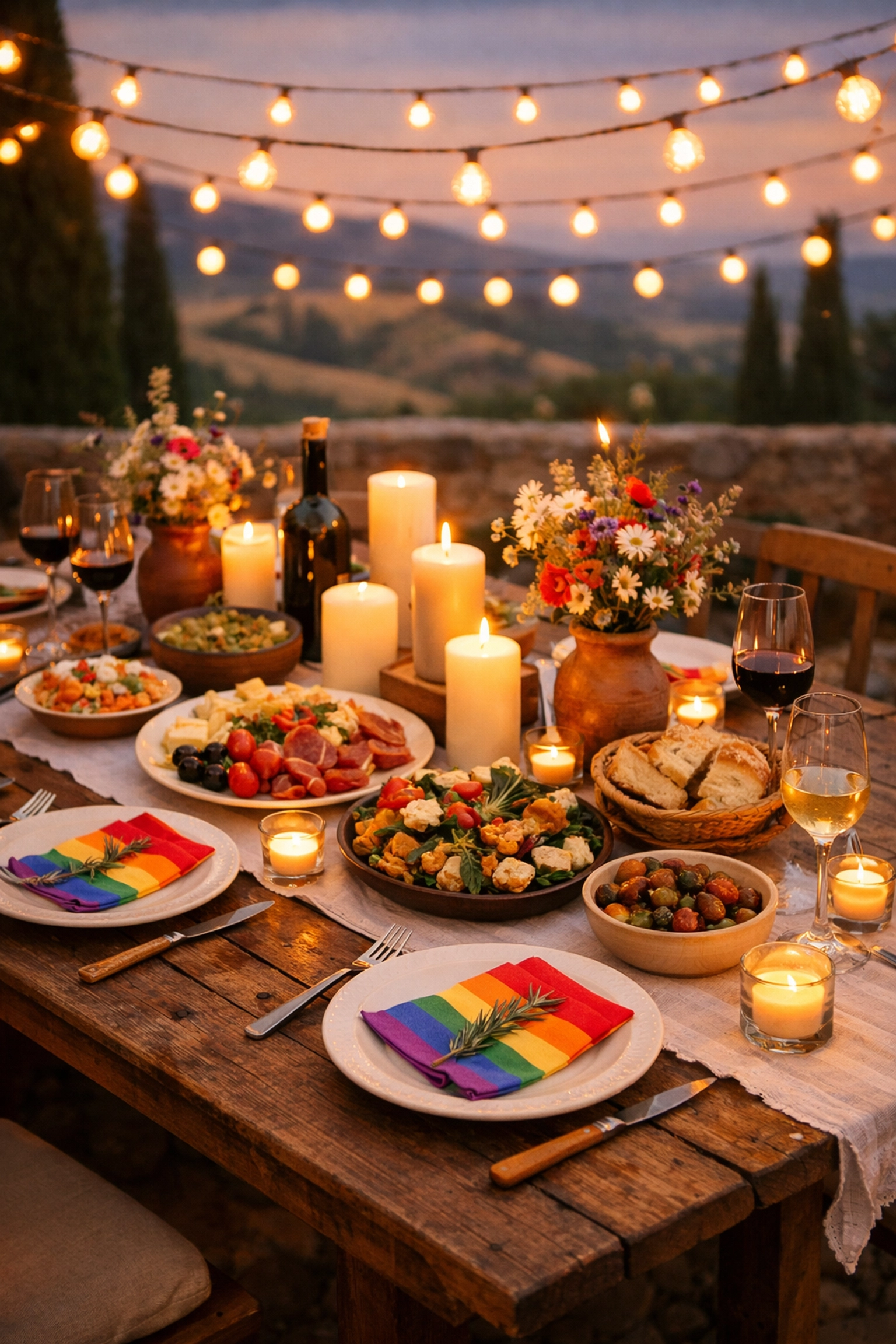 Tuscan wedding reception table with Italian food, candles, and wildflowers
