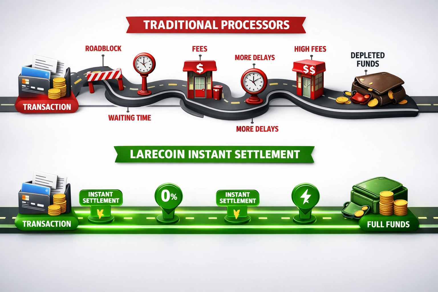 Traditional crypto processor fees and delays versus Larecoin instant settlement pathway
