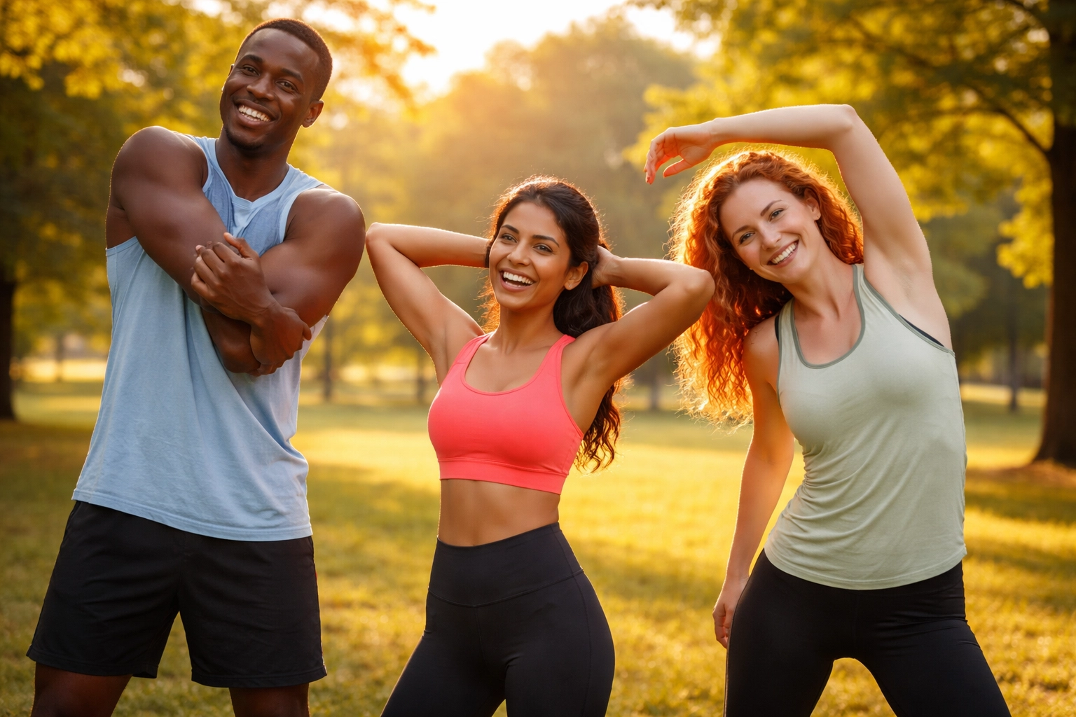 Diverse group stretching in the park at sunrise, motivated to start an energized, positive day