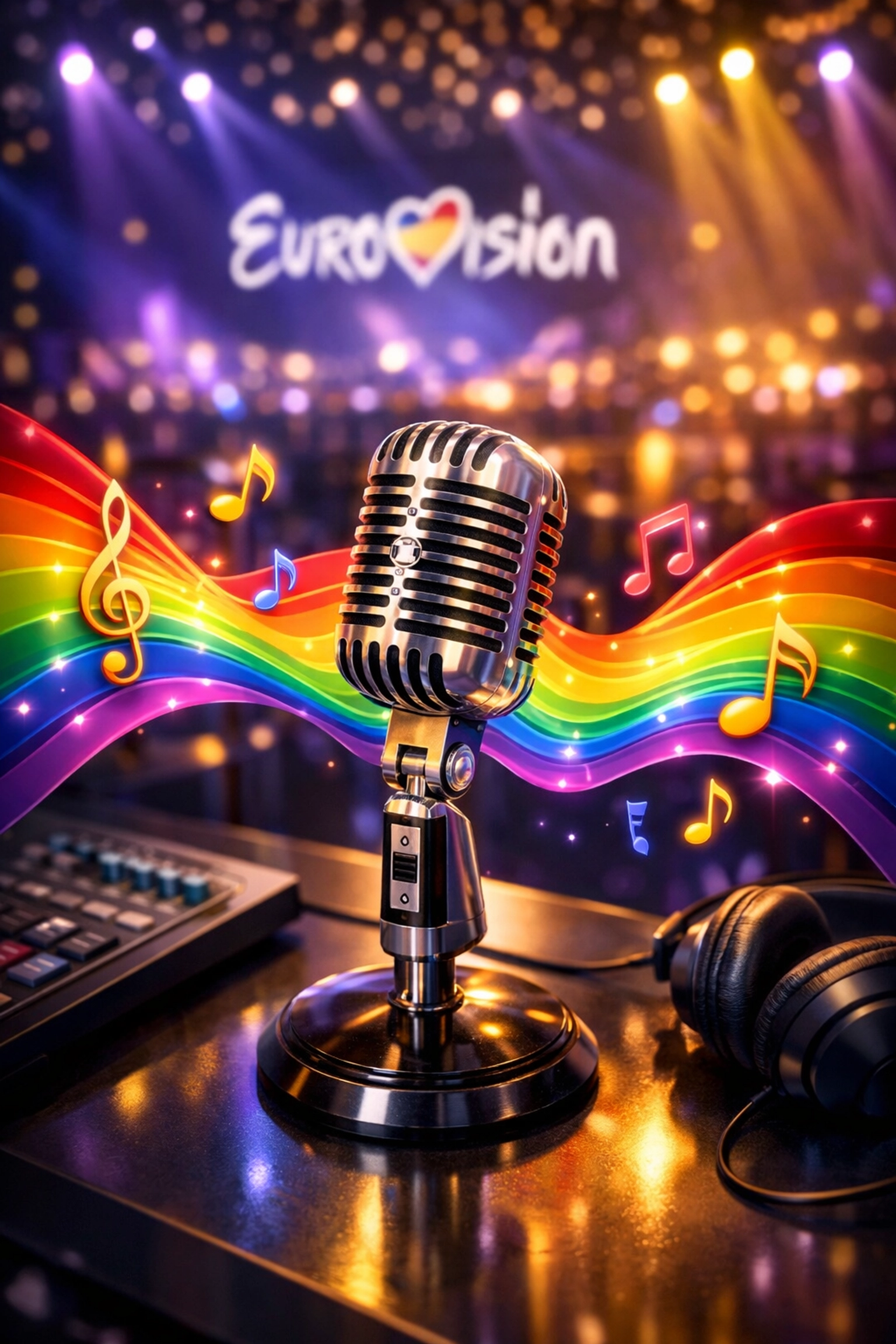 Eurovision broadcast microphone with rainbow elements symbolizing LGBTQ+ commentary