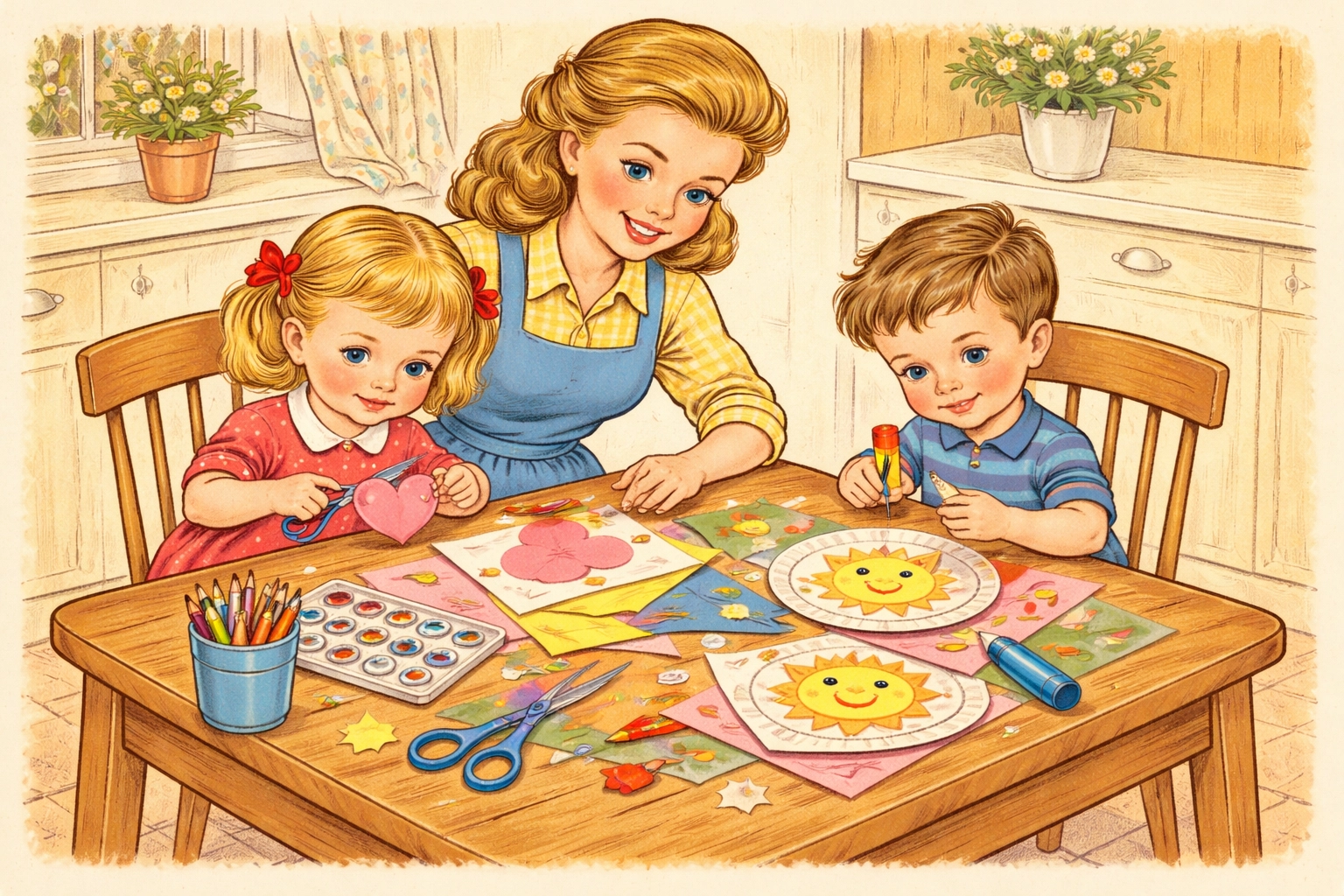 Family making paper plate animal crafts together at a kitchen table with kids and craft supplies.