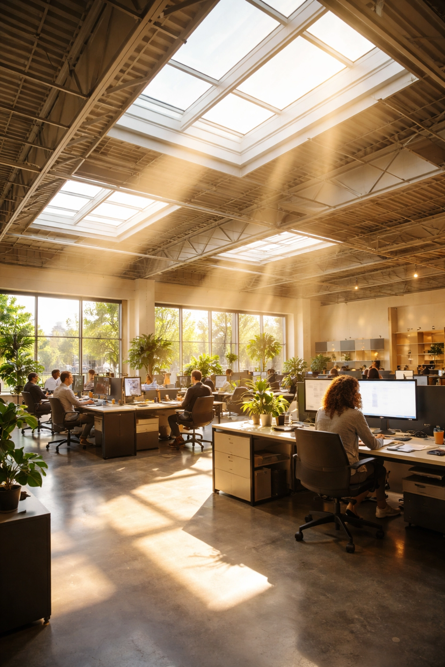 Charlotte office interior with natural sunlight from skylights, employees working in a bright, collaborative space
