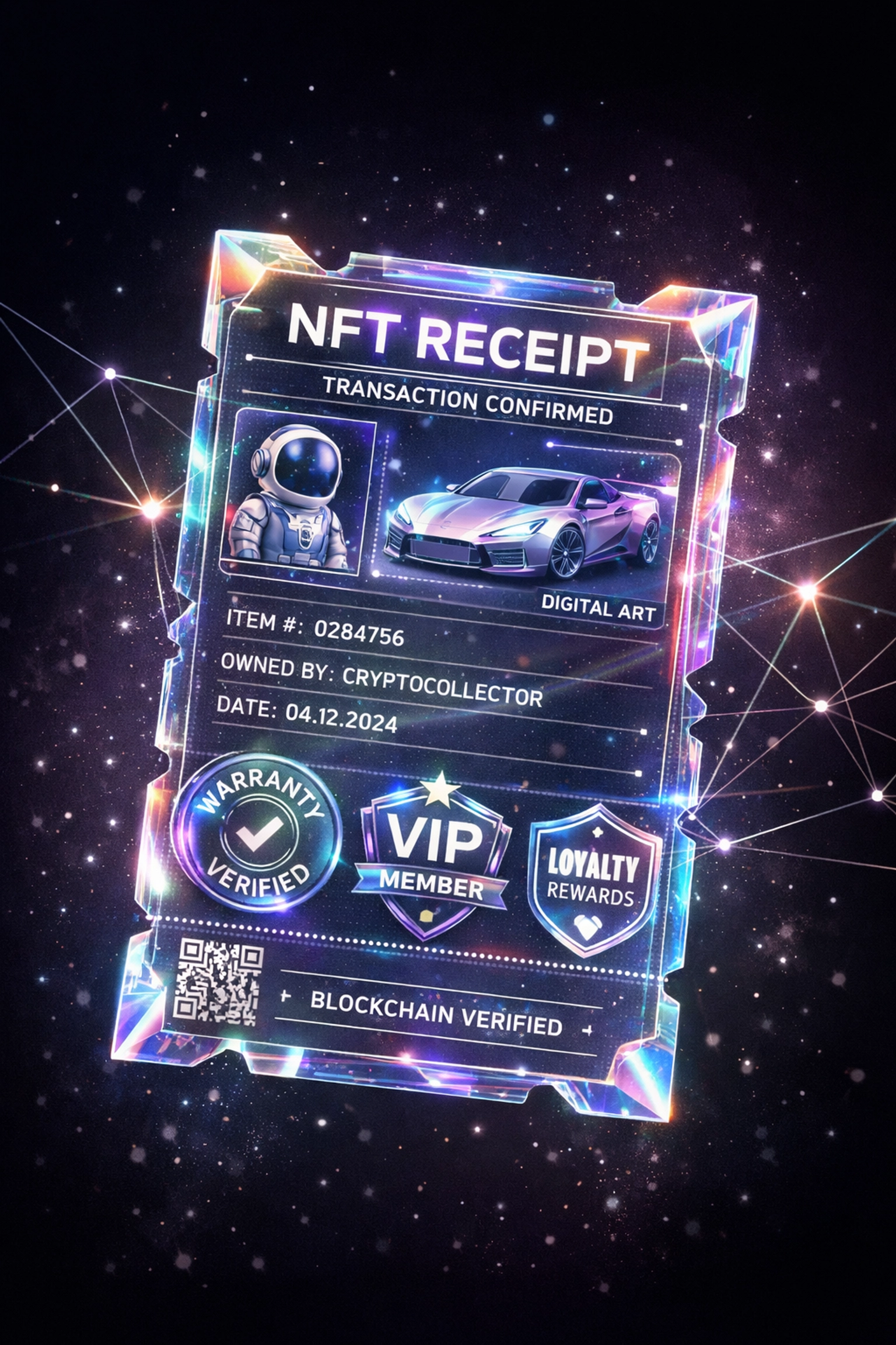 NFT receipt with embedded product verification, warranty info, and blockchain loyalty rewards
