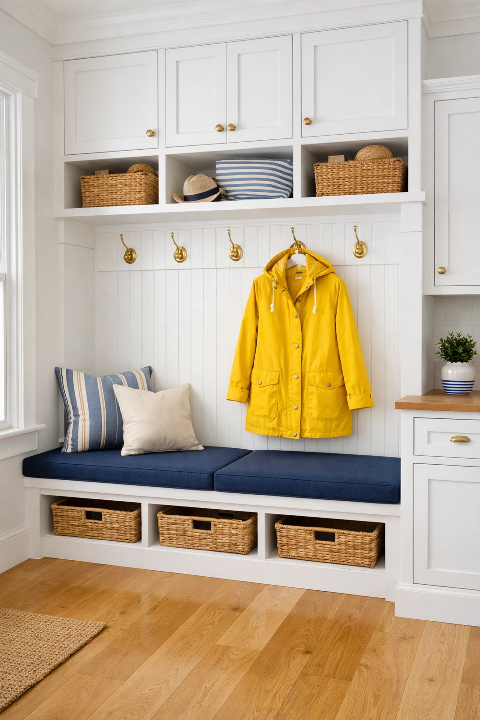 Organized Hingham mudroom with polished floors free of sand thanks to bi-weekly house cleaning.