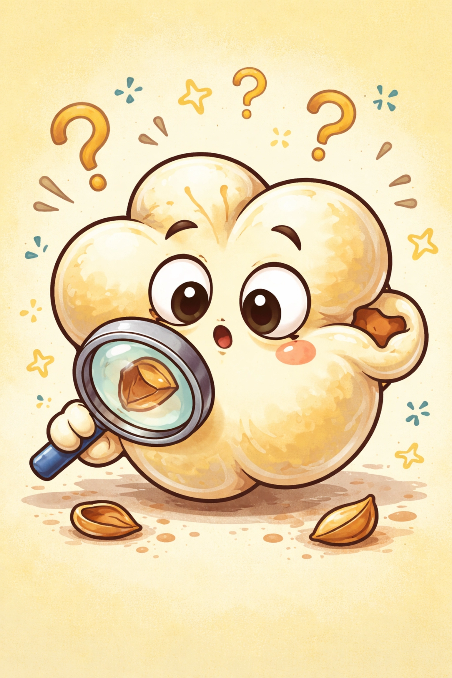 Cartoon popcorn kernel examining its own hull, illustrating the mystery of hulless popcorn for curious snack lovers.