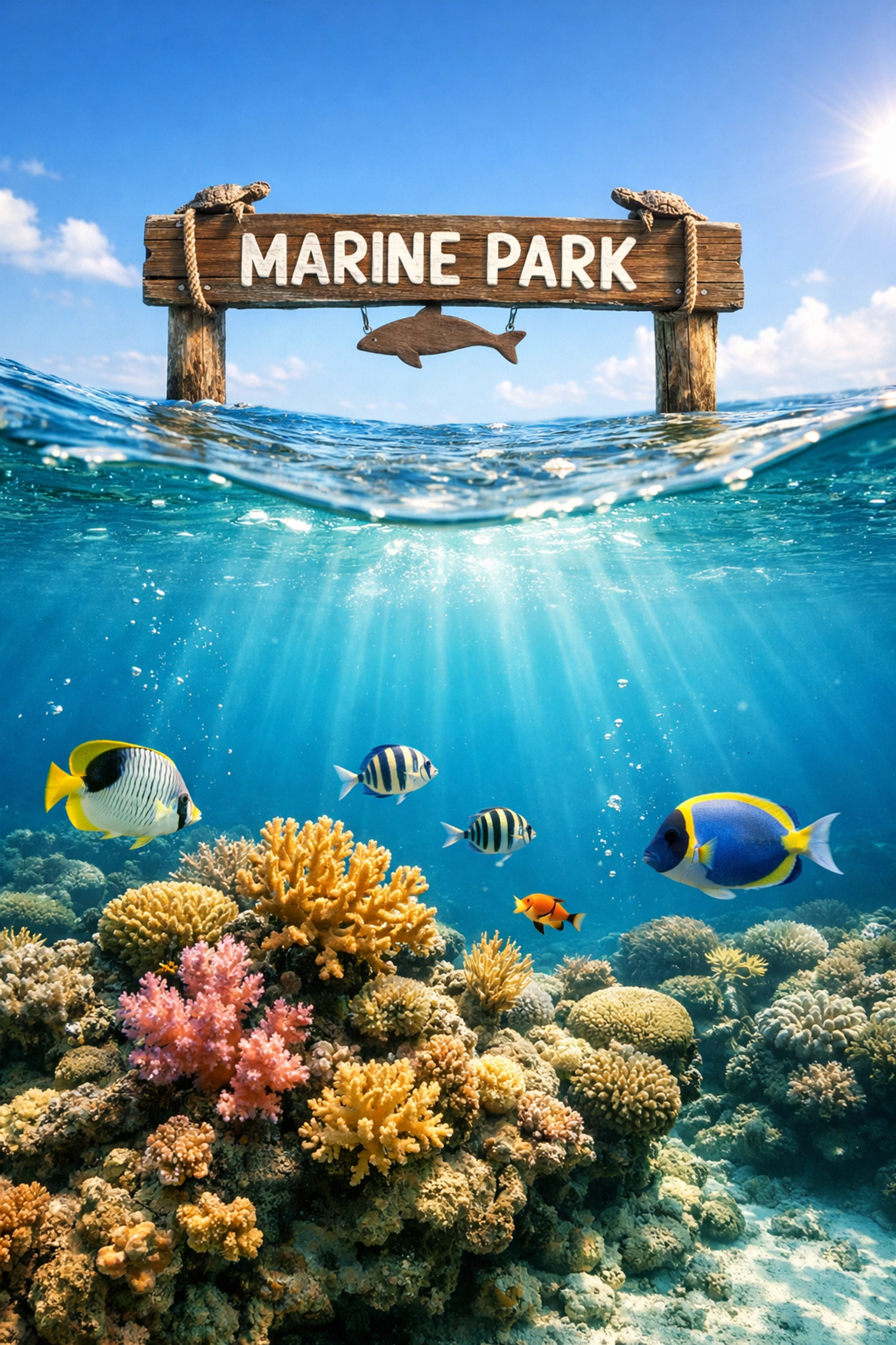 Protected coral reef underwater showing marine park conservation area for scuba diving
