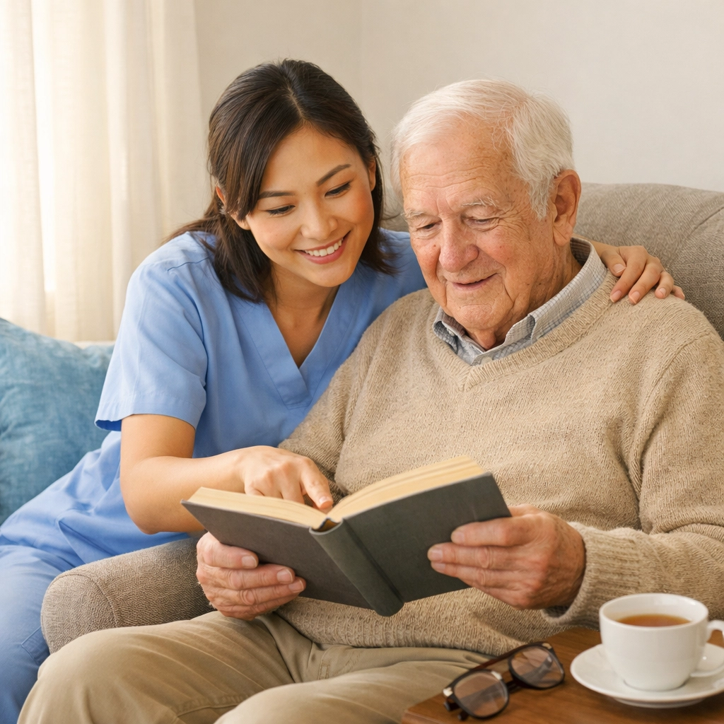 Companion care provider reading with elderly client in comfortable home setting