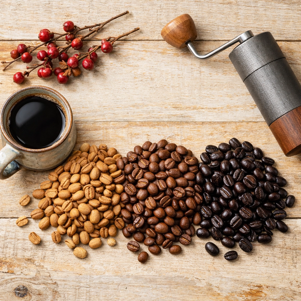 Different whole bean coffee roast levels from light to dark shown with a manual coffee grinder.