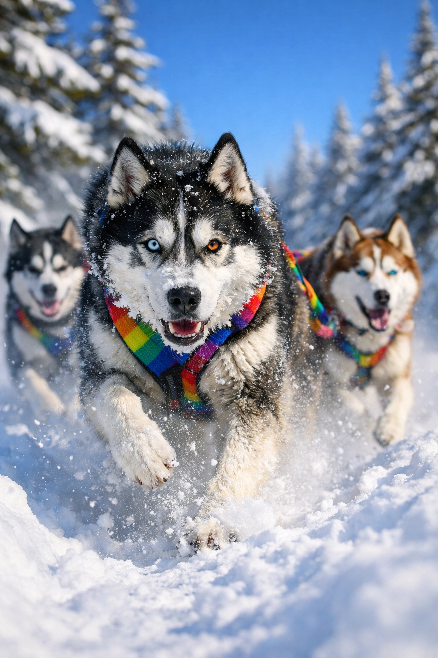 Husky sled dog team racing through deep snow during winter dog sledding adventure