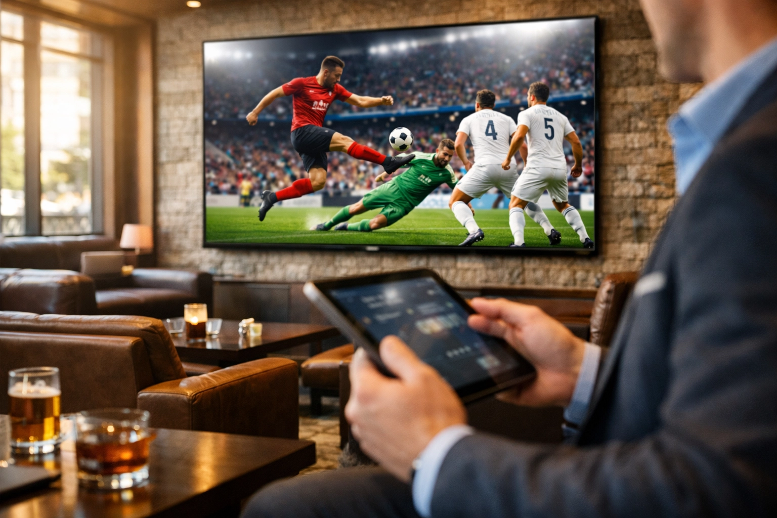 Modern sports lounge featuring a digital screen with soccer and a user managing programmatic ad campaigns via tablet.