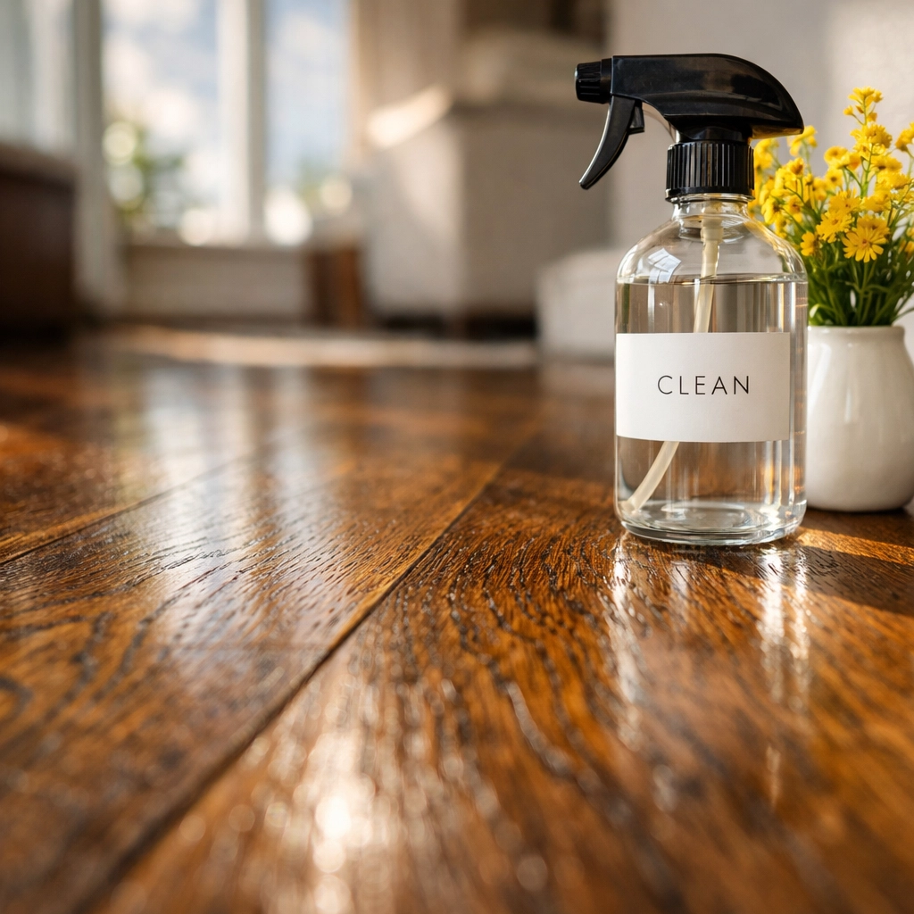 Eco-friendly cleaning products on a polished hardwood floor in a Sudbury home.