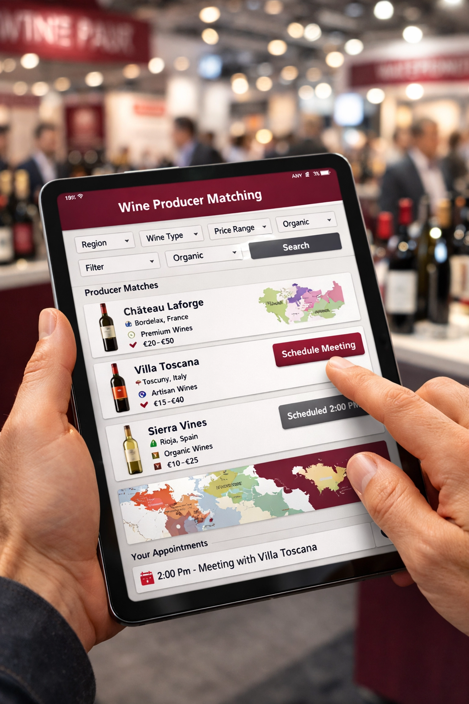 Fair Match digital matchmaking tool on mobile device at ProWein wine trade show