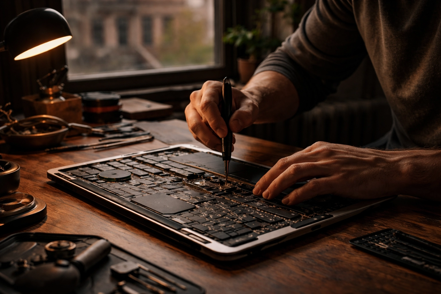 Expert tech repair of a MacBook in Brooklyn brownstone apartment after coffee spill, fast local service