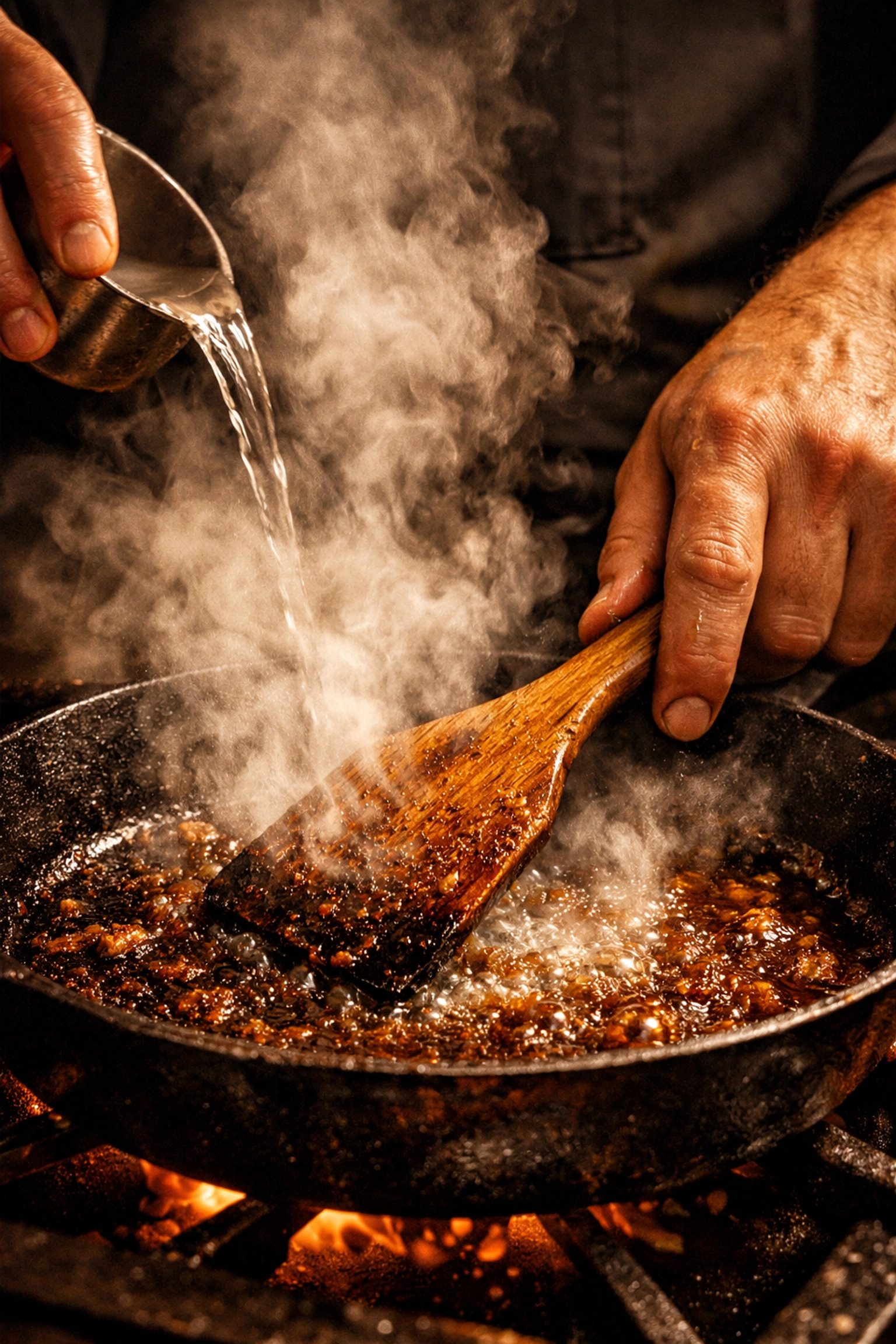 A chef deglazing a skillet, demonstrating kitchen confidence and mastery through tactile cooking cues.