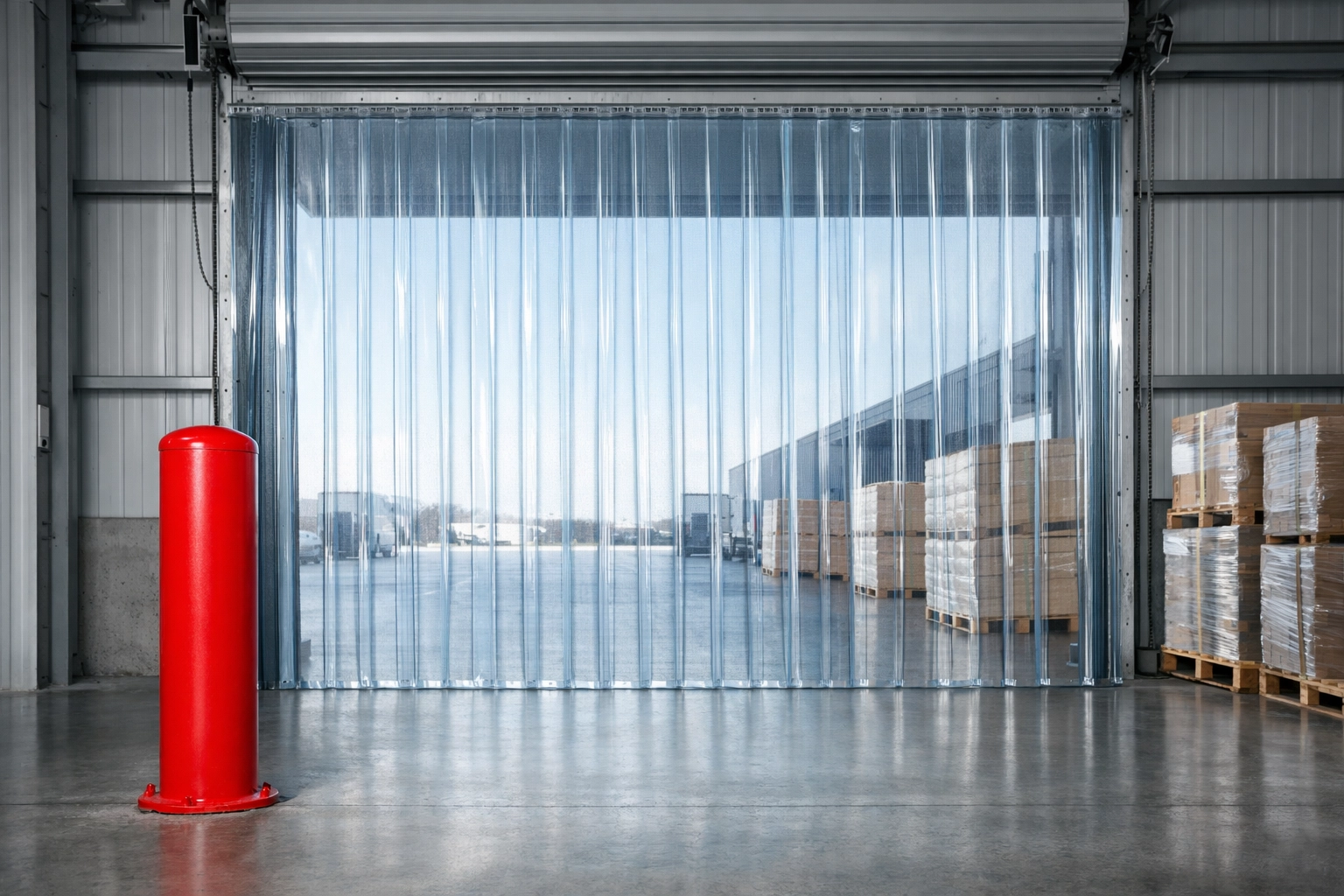 Transparent industrial PVC strip curtains installed on a large warehouse loading bay door for energy efficiency.