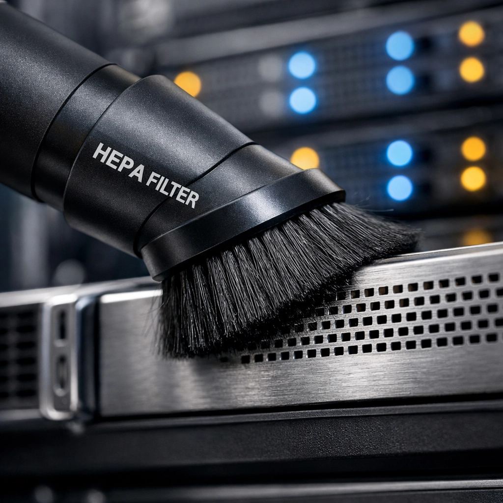 Professional data center cleaning using an anti-static HEPA vacuum on a server rack vent.
