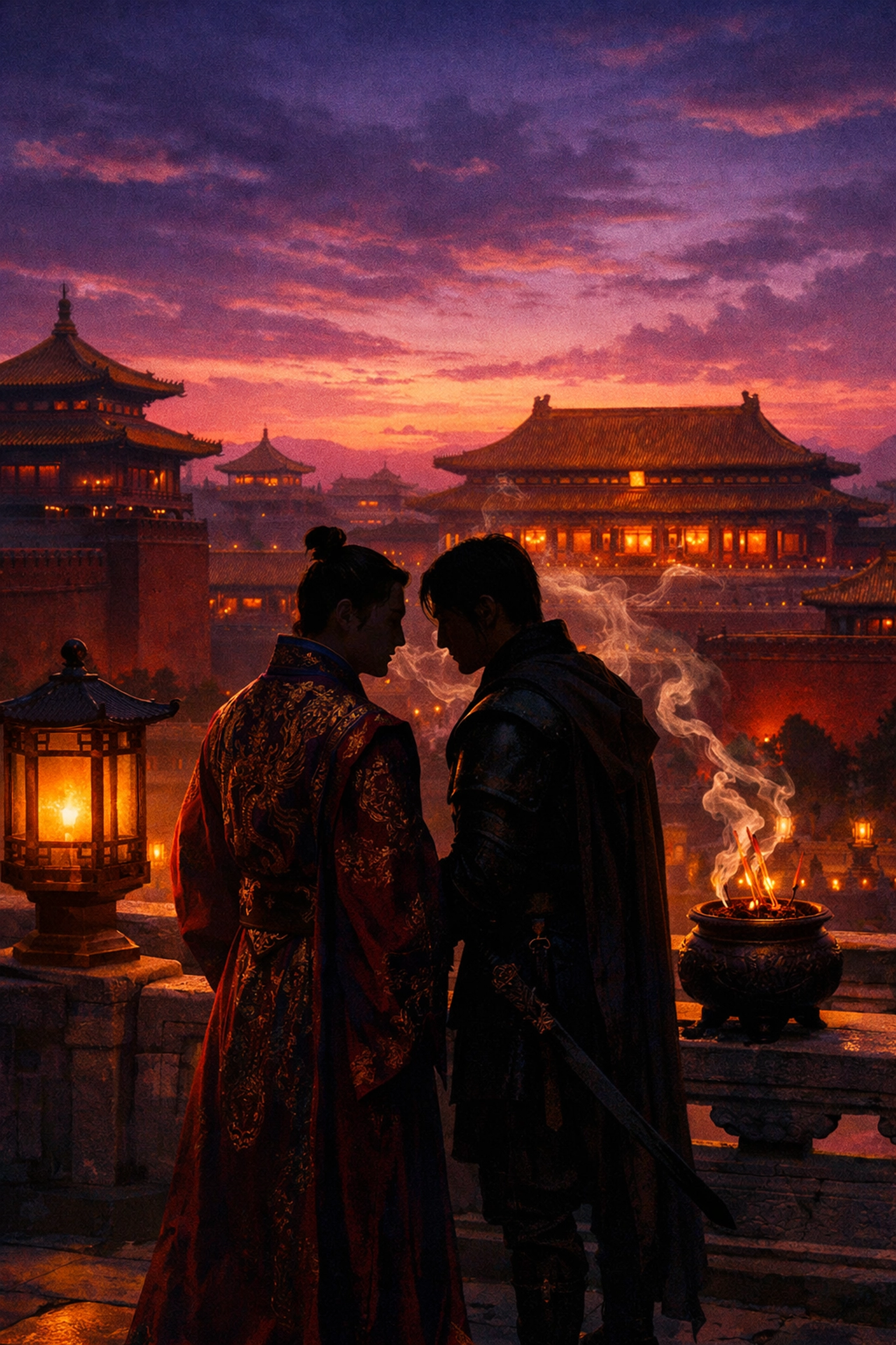 Prince and his protector stand close at the Forbidden City at dusk in this MM romance set in Imperial China