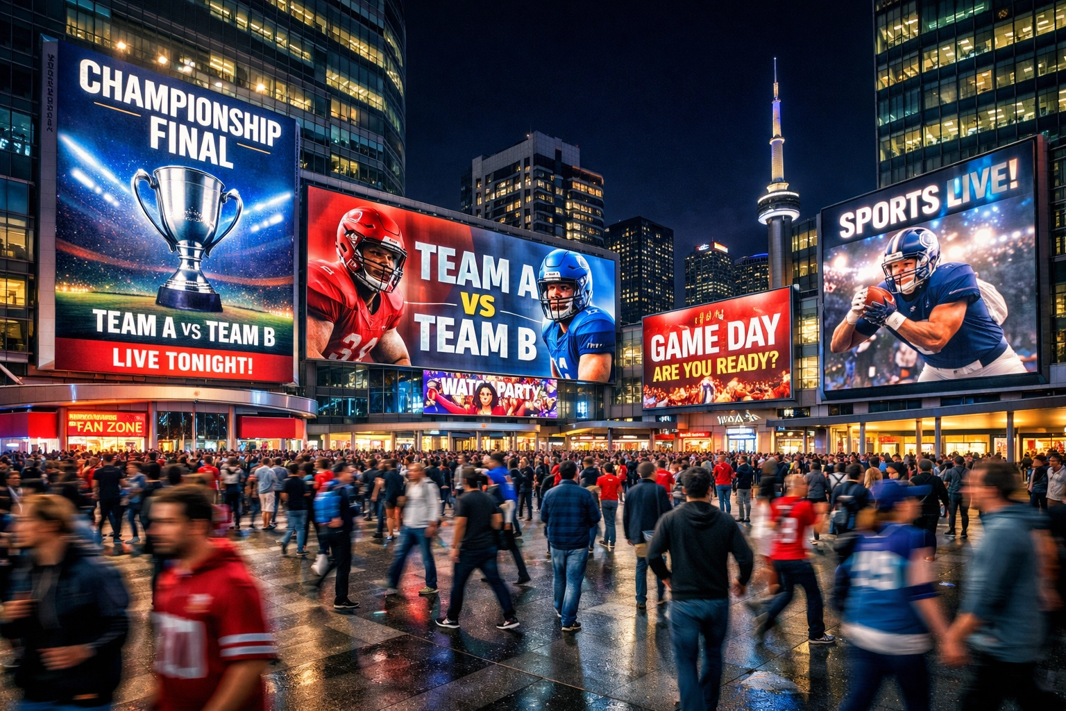 High-resolution digital billboards illuminate a city plaza showcasing programmatic DOOH sports ads.