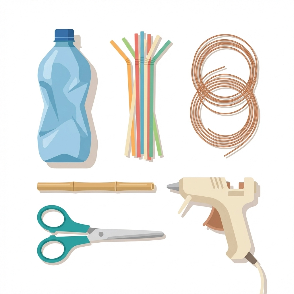 Overhead view of recycled materials needed to build a mini windmill, including plastic bottle, straws, wire, bamboo stick, and glue