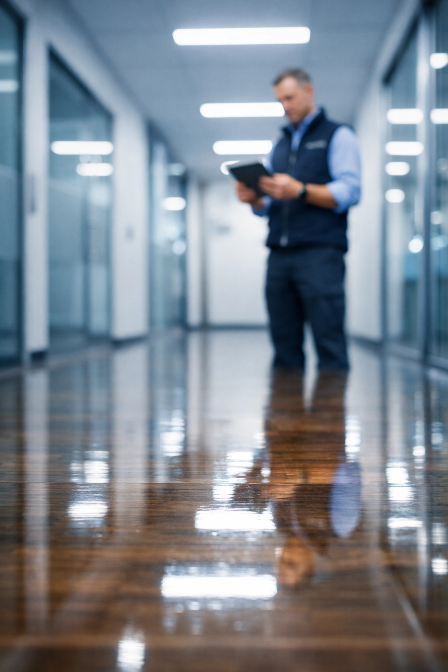 Facilities manager reviewing a digital cleaning checklist in a polished modern office corridor.