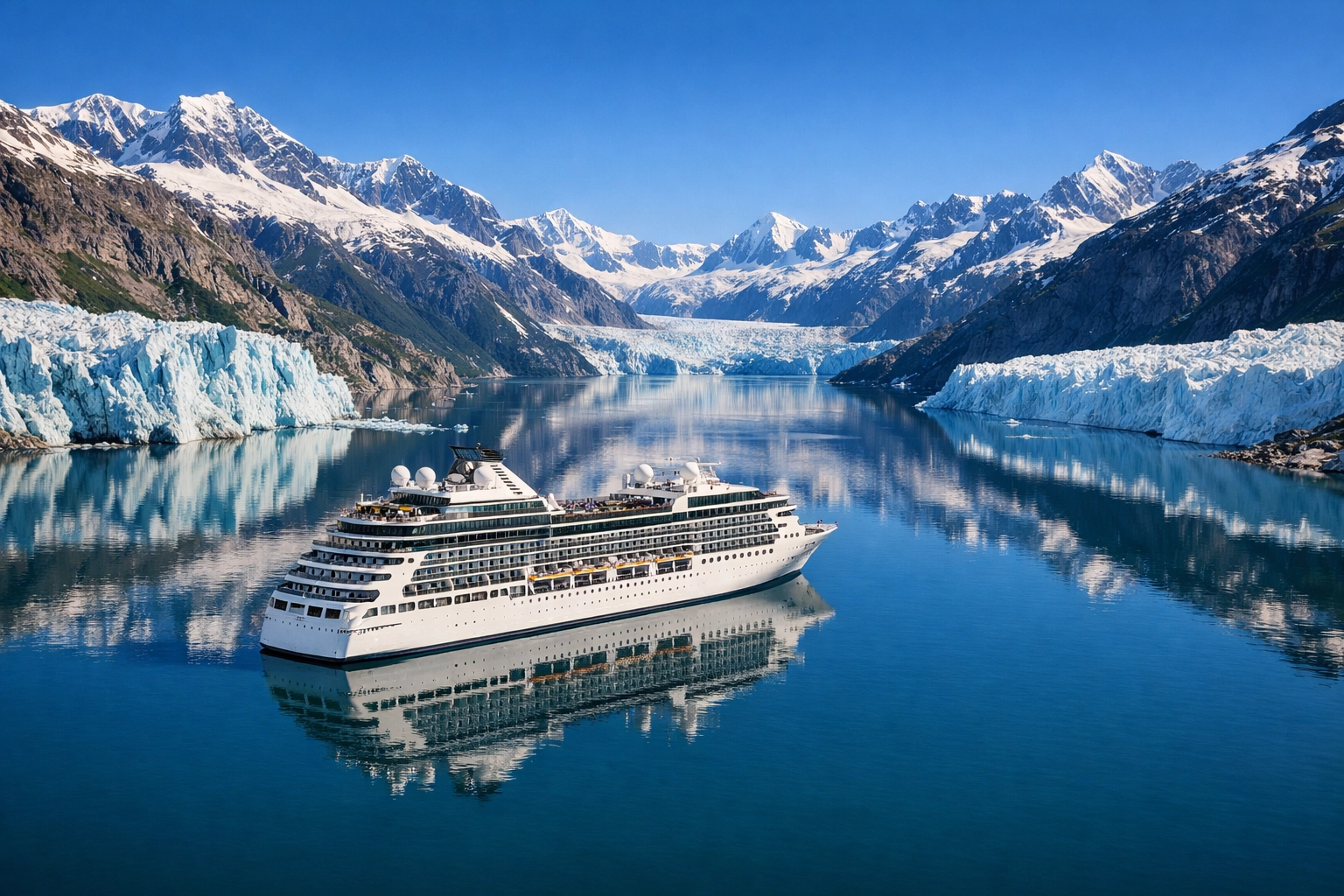 A luxury cruise ship in an Alaskan fjord, highlighting high-end travel and exclusive cruise packages.