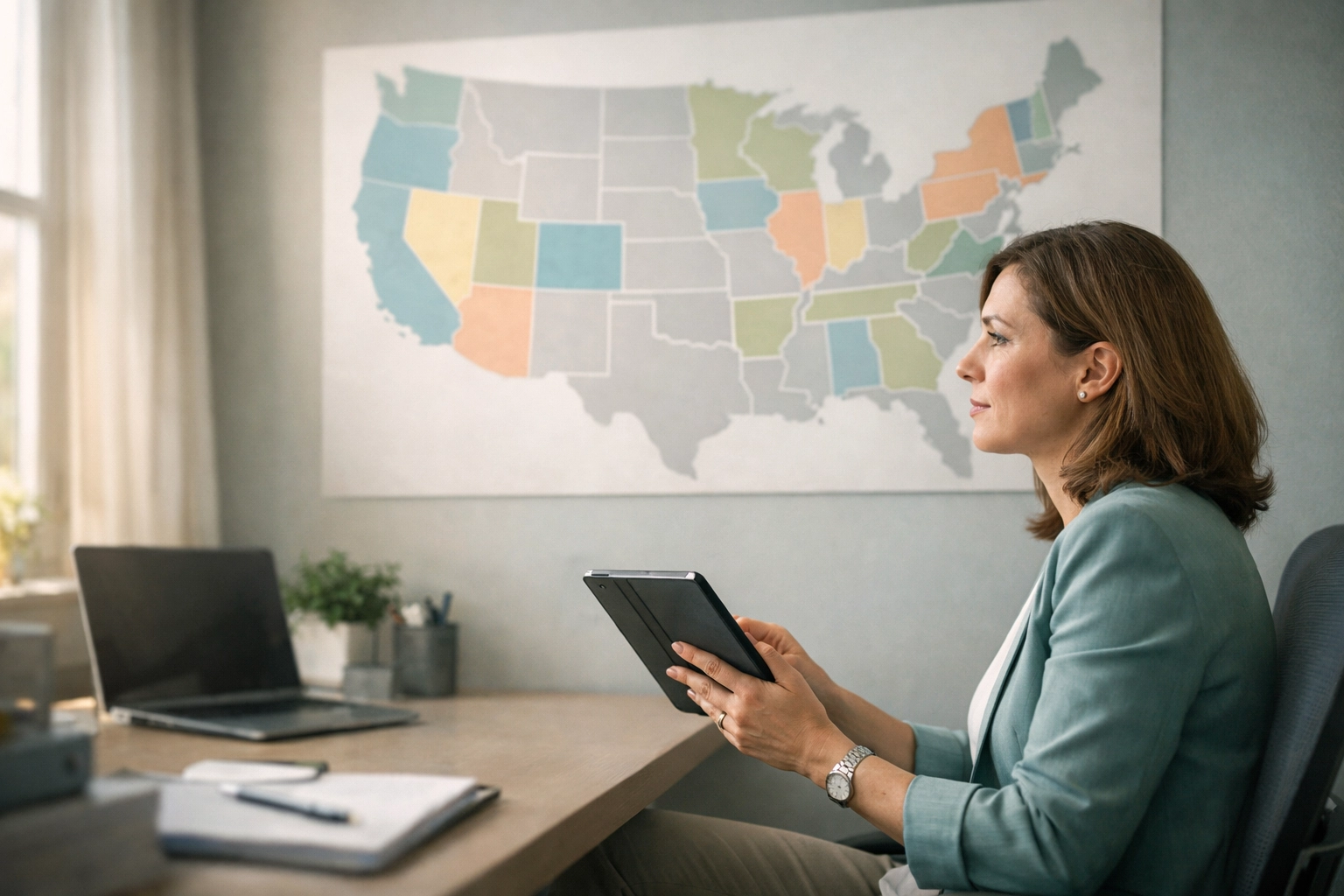 Behavioral health professional planning multi-state compact licensing strategy with US map