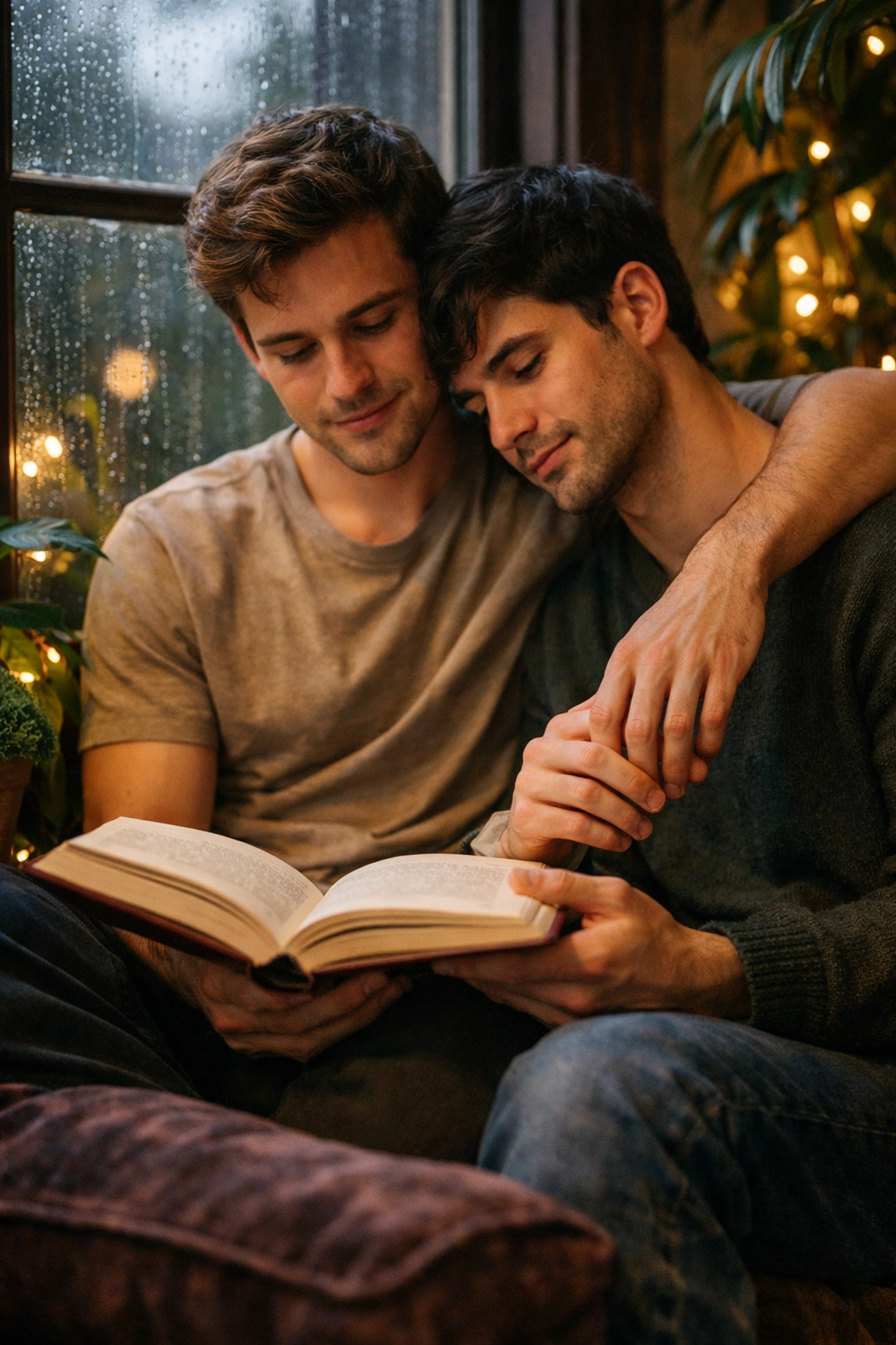 Two gay men sharing an intimate moment reading heartfelt gay fiction together on a window seat.
